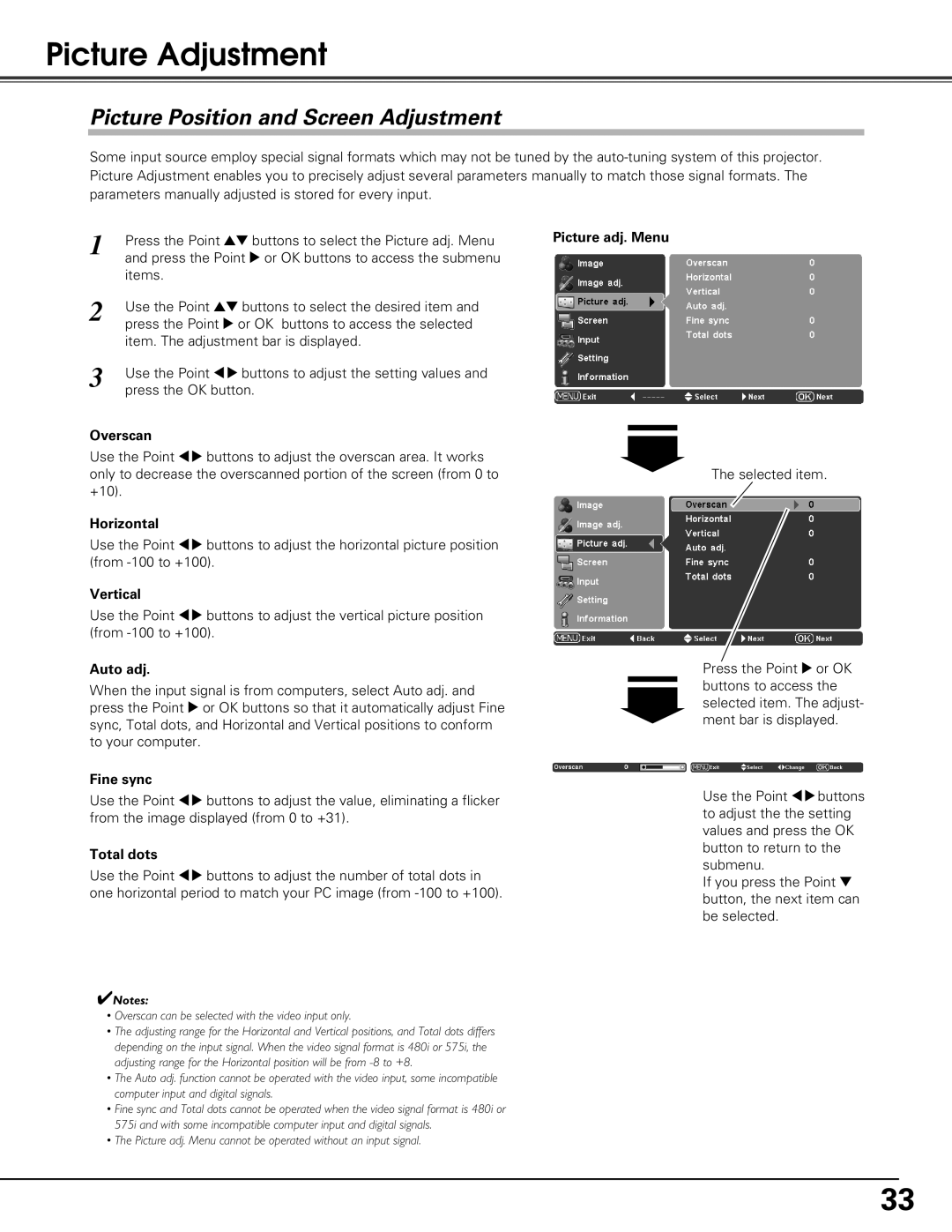 Sanyo PLV-Z60 owner manual Picture Adjustment, Picture Position and Screen Adjustment 