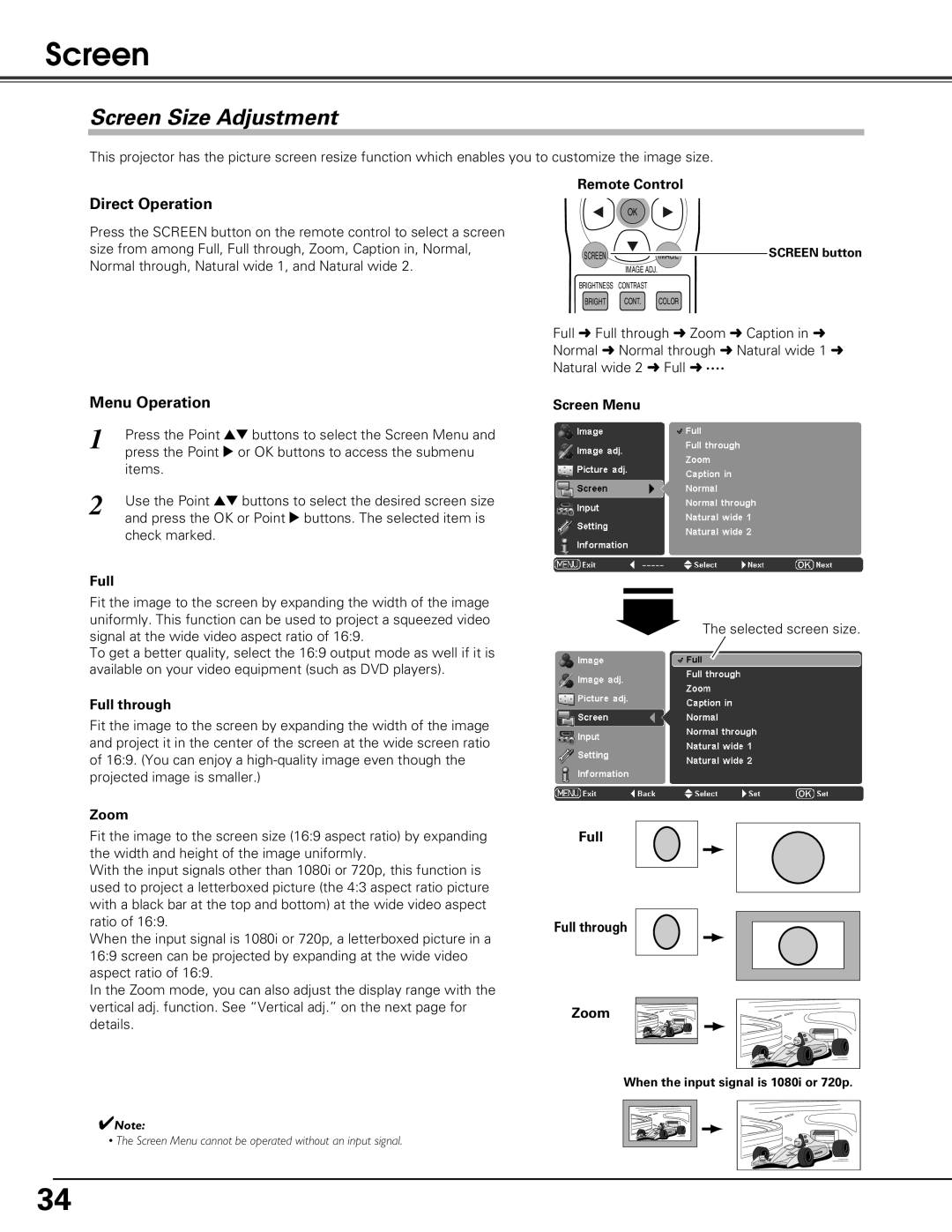 Sanyo PLV-Z60 owner manual Screen Size Adjustment 