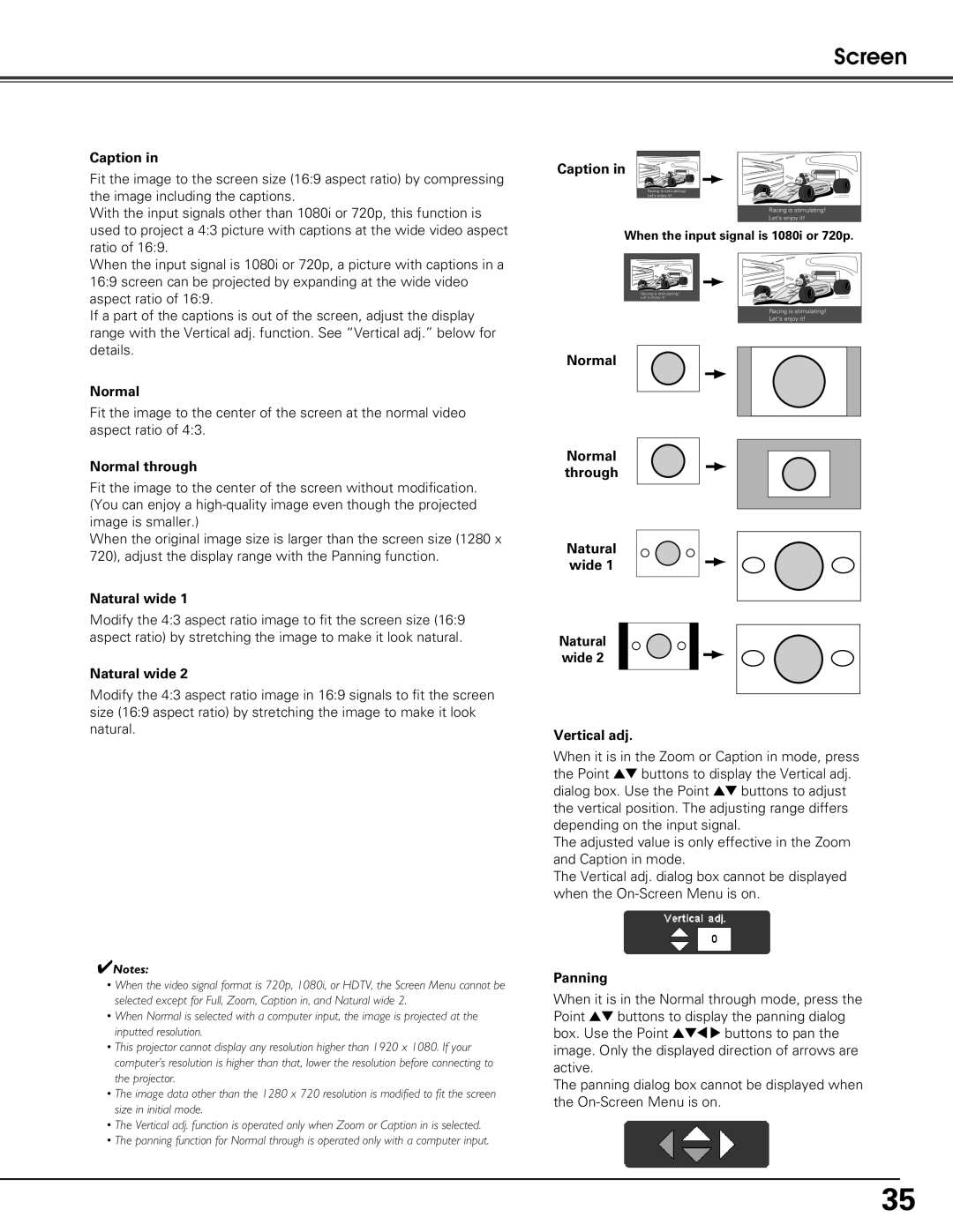 Sanyo PLV-Z60 owner manual Caption, Natural wide, Normal Normal through Natural Wide Vertical adj, Panning 