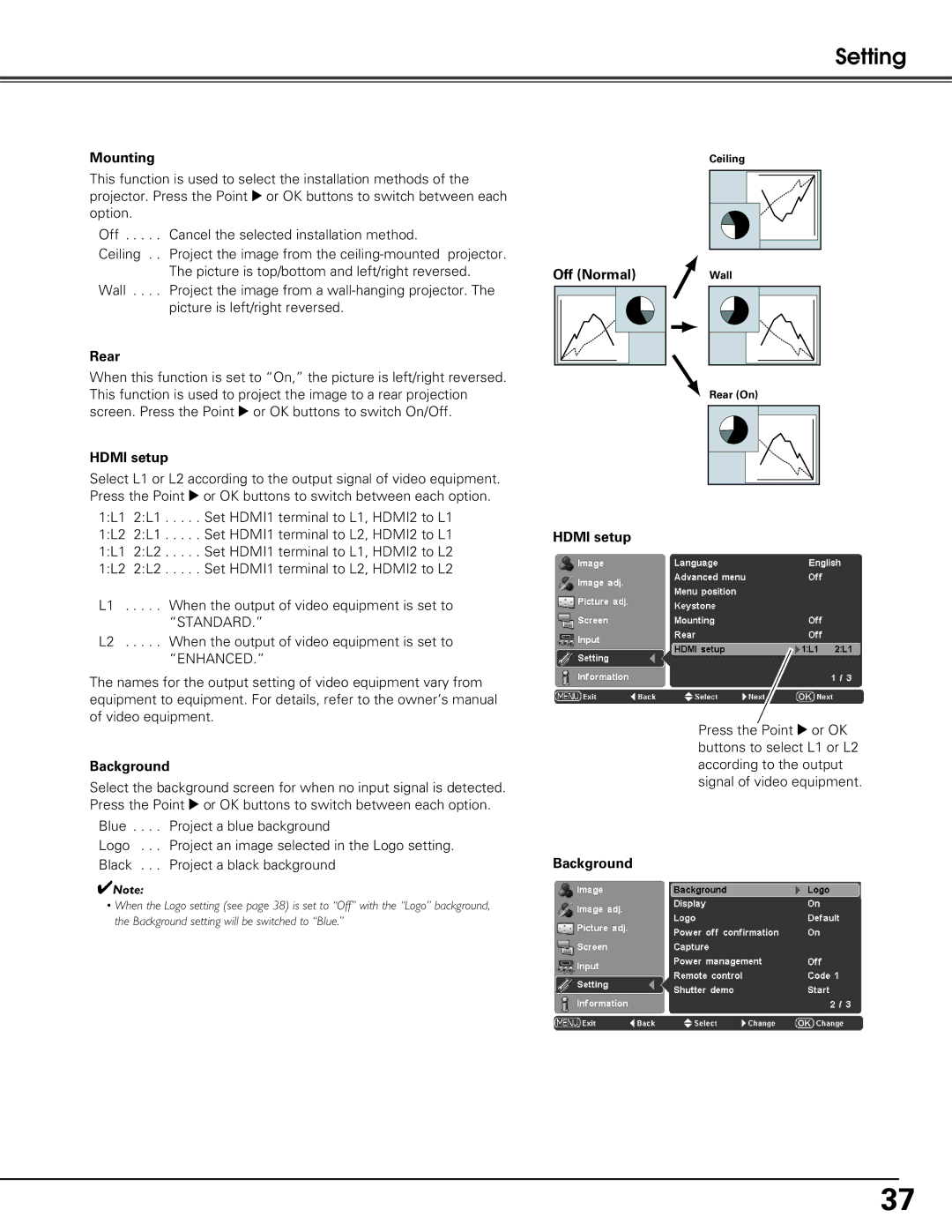 Sanyo PLV-Z60 owner manual Mounting, Rear, Off Normal Hdmi setup Background 