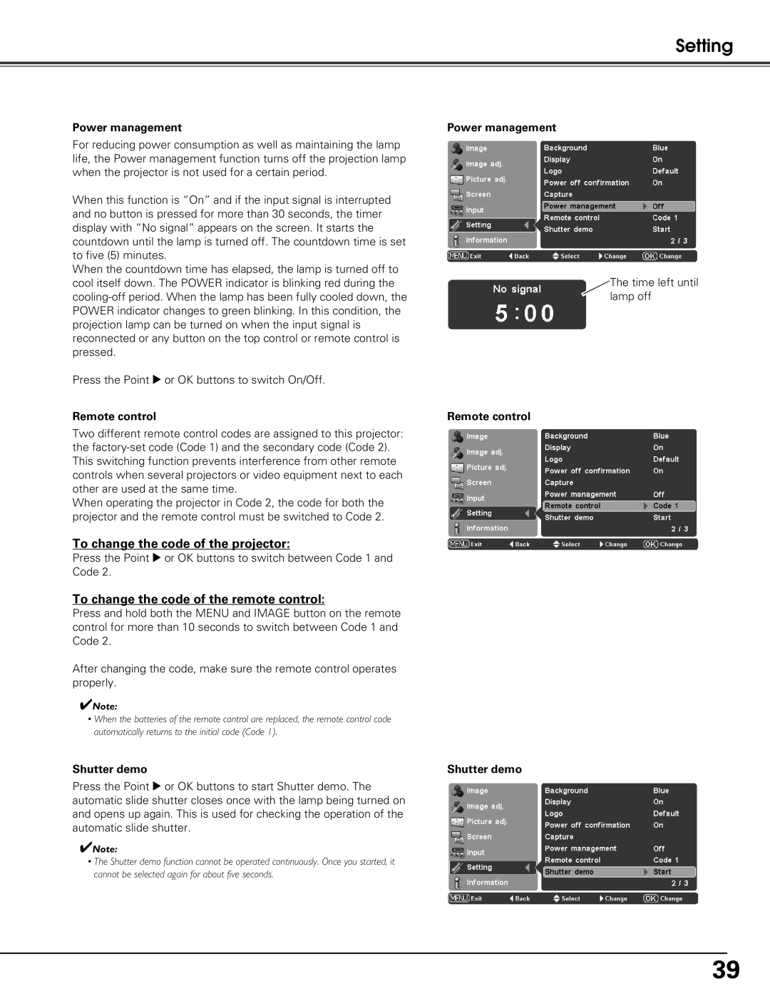 Sanyo PLV-Z60 owner manual To change the code of the projector, To change the code of the remote control, Power management 