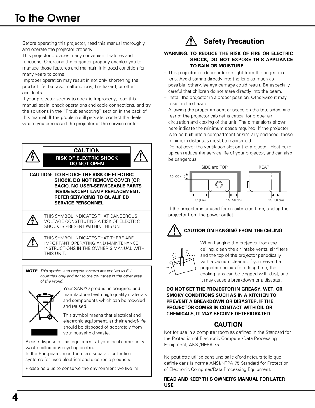 Sanyo PLV-Z60 owner manual To the Owner, Please help us to conserve the environment we live 