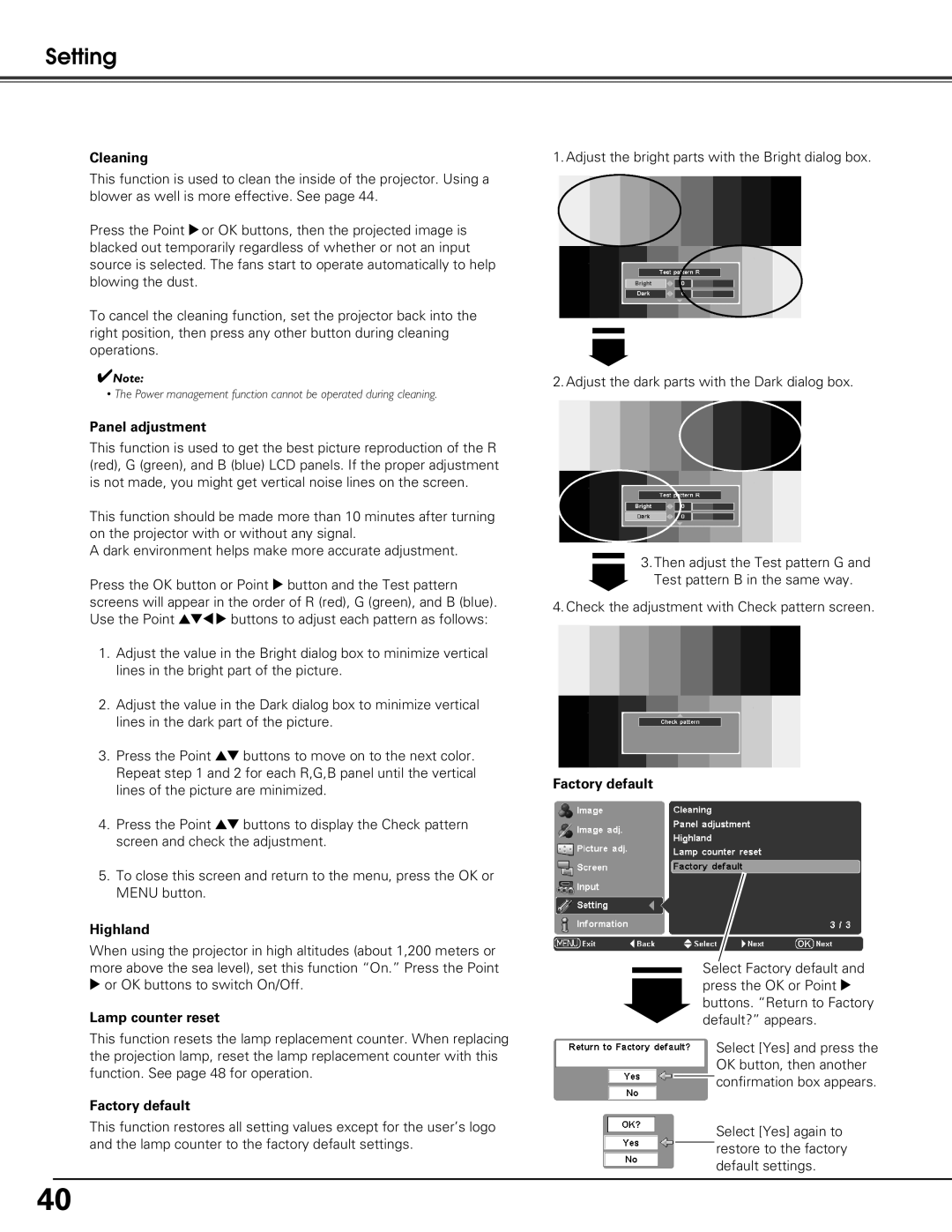 Sanyo PLV-Z60 owner manual Cleaning, Panel adjustment, Highland, Lamp counter reset, Factory default 