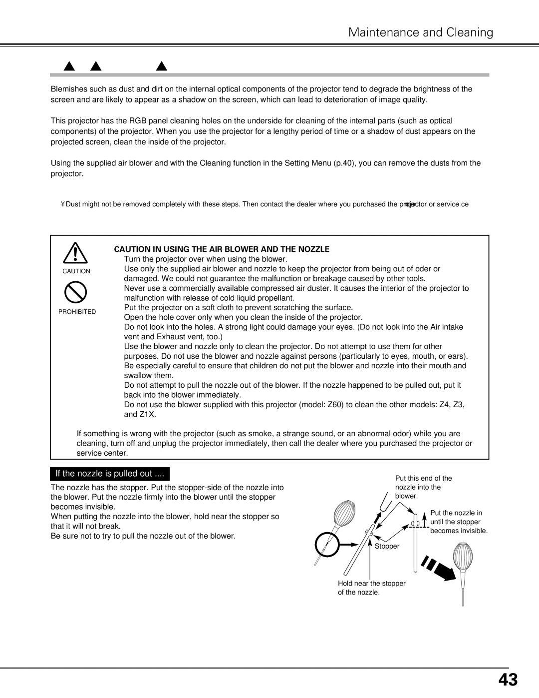 Sanyo PLV-Z60 owner manual Cleaning the RGB panels, If the nozzle is pulled out 