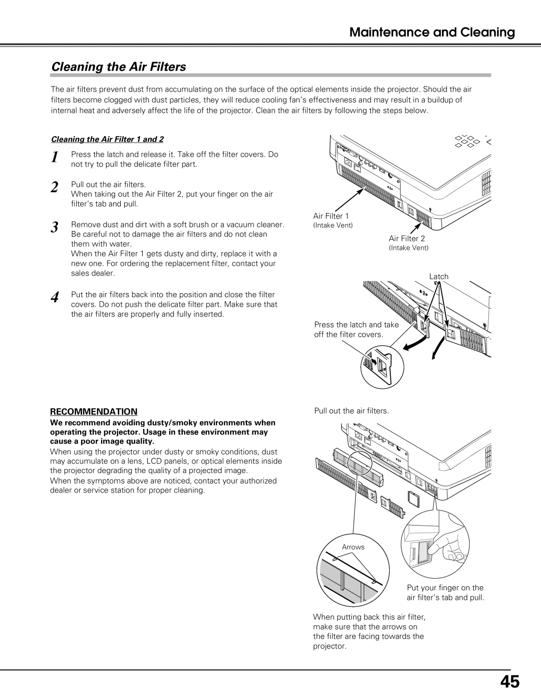 Sanyo PLV-Z60 owner manual Cleaning the Air Filters 