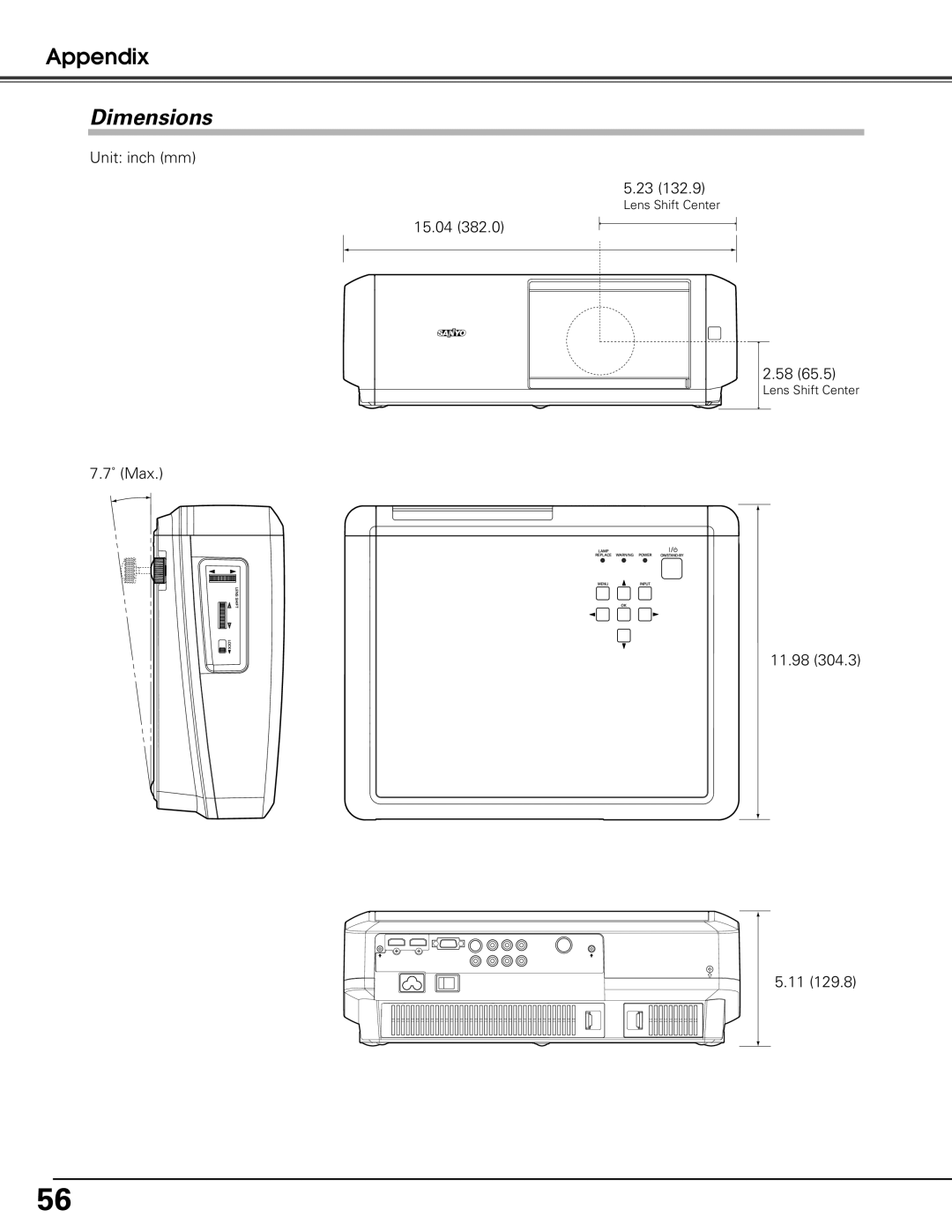 Sanyo PLV-Z60 owner manual Dimensions 