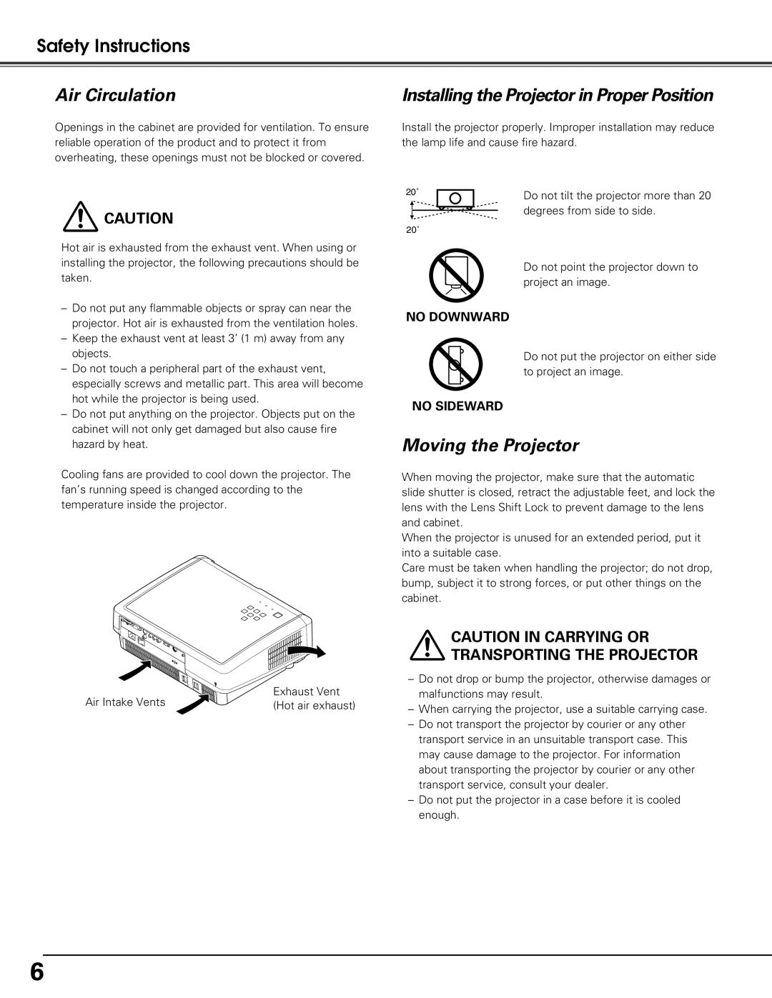 Sanyo PLV-Z60 owner manual Air Circulation, Installing the Projector in Proper Position, Moving the Projector 