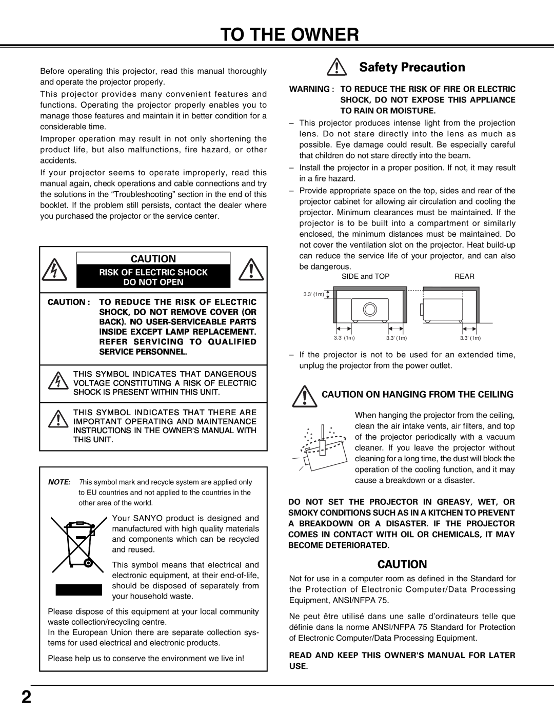 Sanyo PLV75L/PLV-80L, PLV-75/PLV-80 owner manual To The Owner, Safety Precaution, Risk Of Electric Shock Do Not Open 