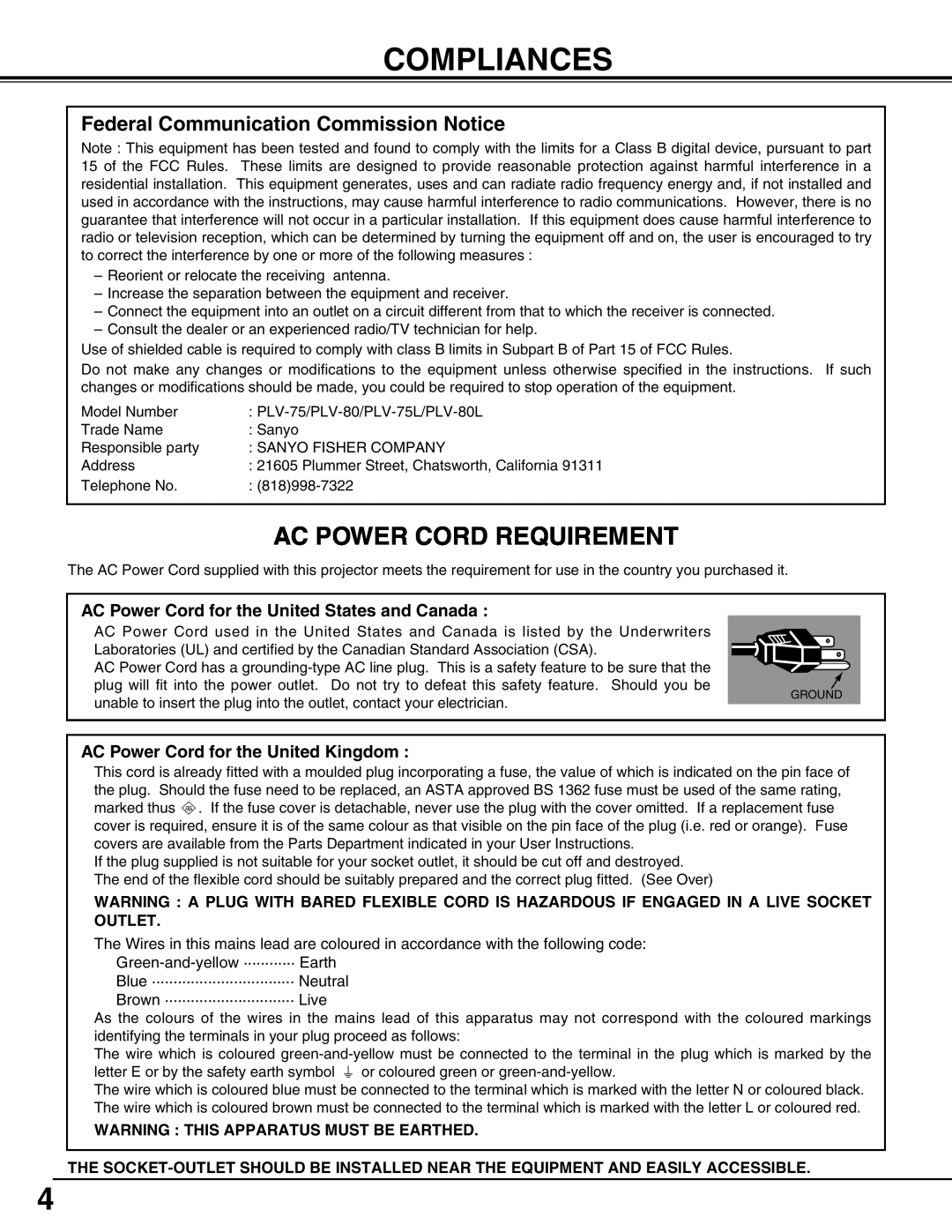 Sanyo PLV75L/PLV-80L, PLV-75/PLV-80 Compliances, Ac Power Cord Requirement, Federal Communication Commission Notice 