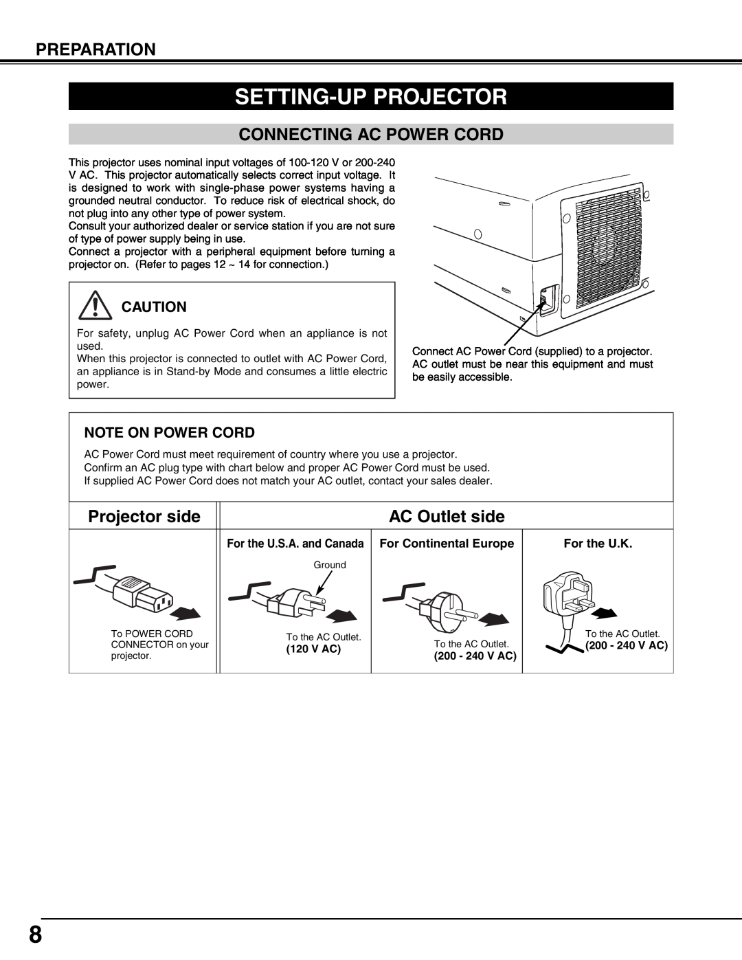 Sanyo PLV75L/PLV-80L, PLV-75/PLV-80 owner manual Setting-Up Projector, For the U.S.A. and Canada, V Ac, 200 - 240 V AC 