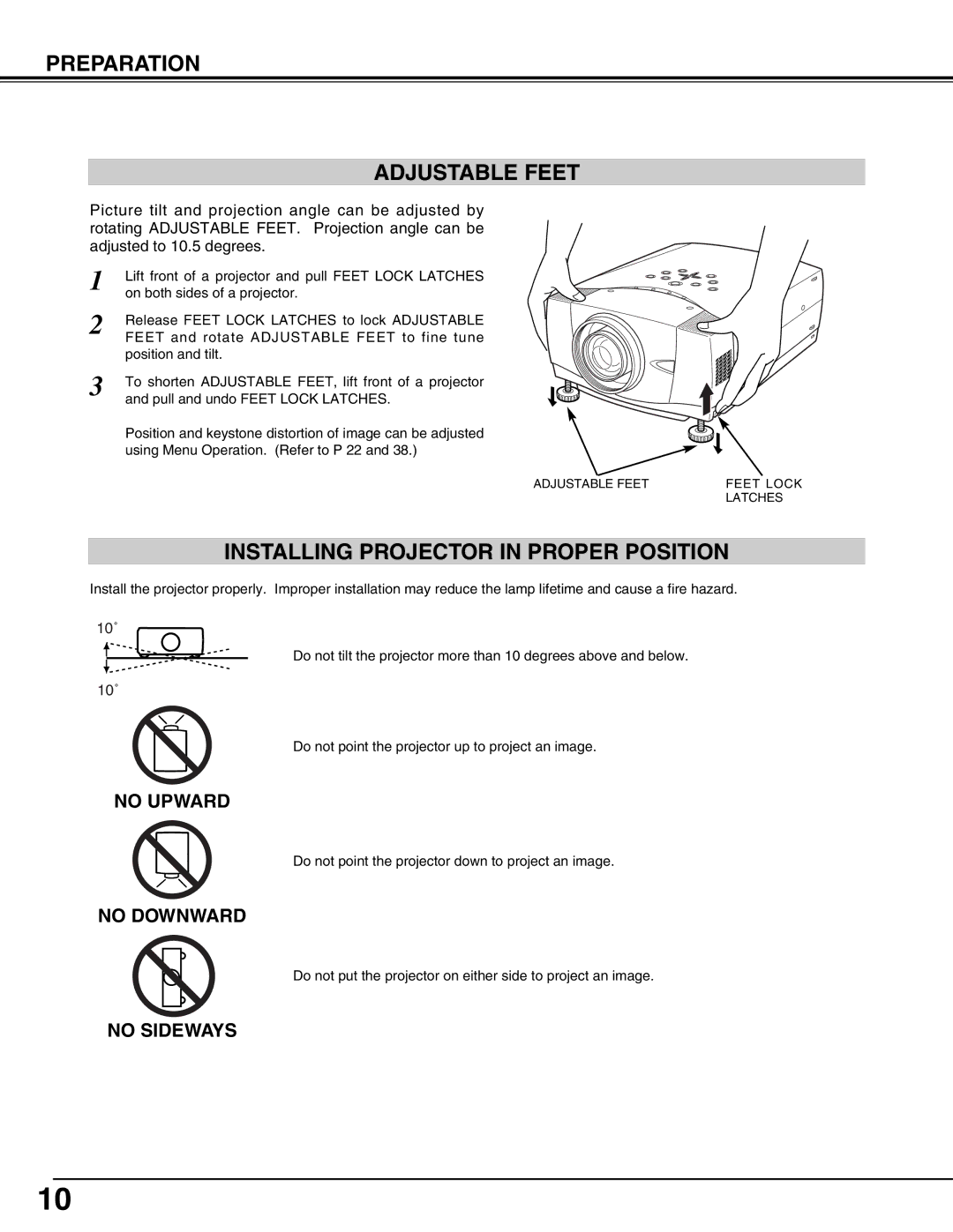 Sanyo PLV75L/PLV-80L, PLV-75/PLV-80 owner manual Preparation Adjustable Feet, Installing Projector in Proper Position 