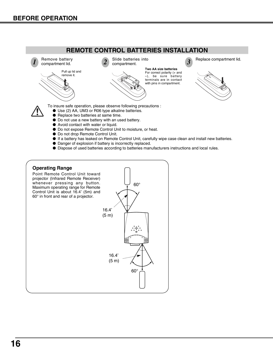 Sanyo PLV75L/PLV-80L, PLV-75/PLV-80 owner manual Before Operation Remote Control Batteries Installation, Compartment 