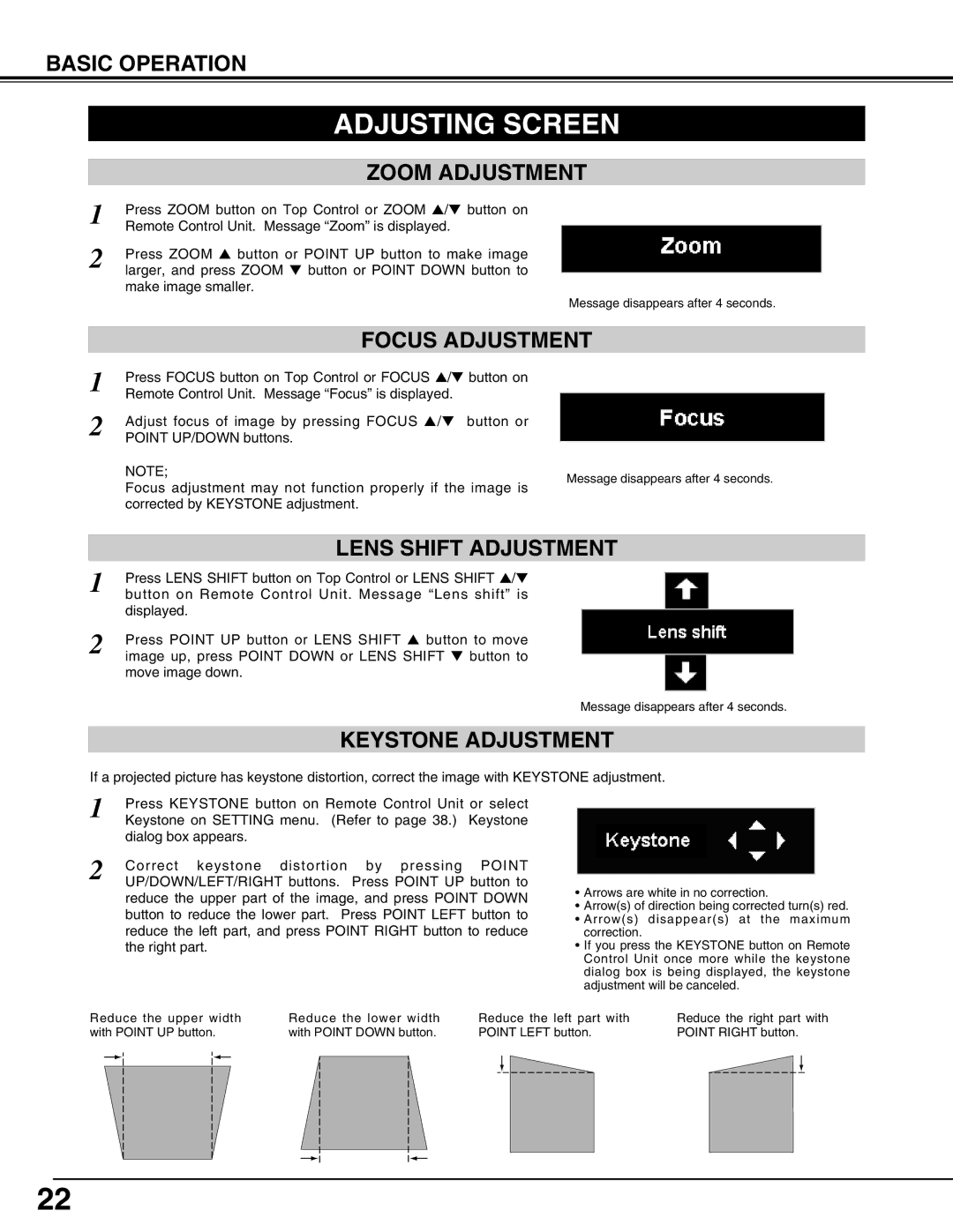 Sanyo PLV75L/PLV-80L, PLV-75/PLV-80 owner manual Adjusting Screen, Keystone Adjustment 