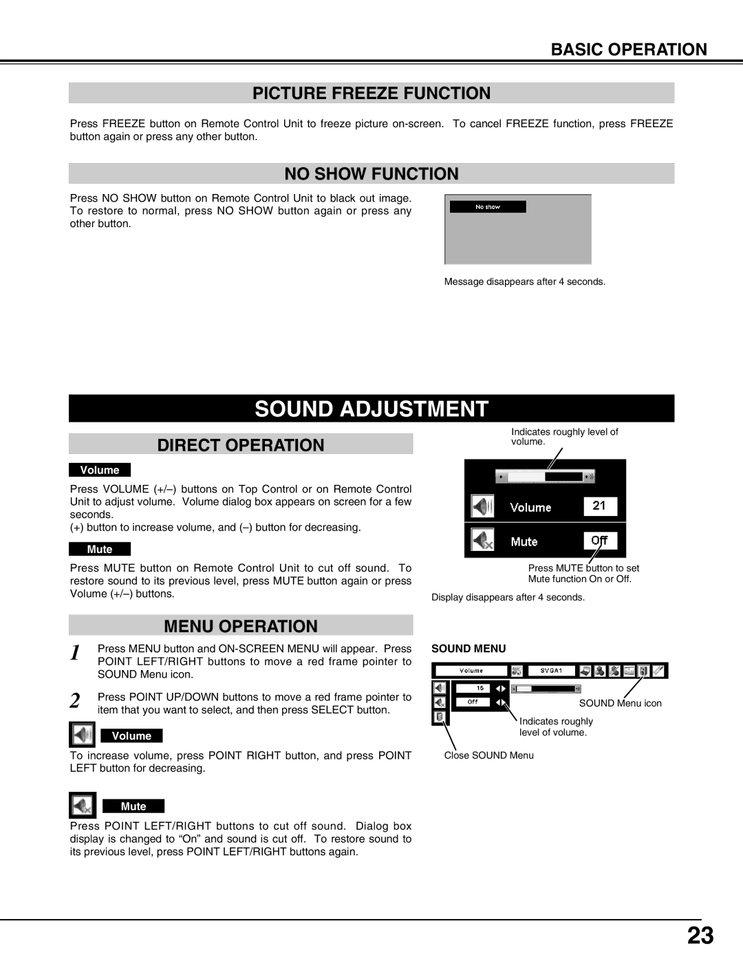 Sanyo PLV-75/PLV-80 Sound Adjustment, Basic Operation Picture Freeze Function, No Show Function, Direct Operation 