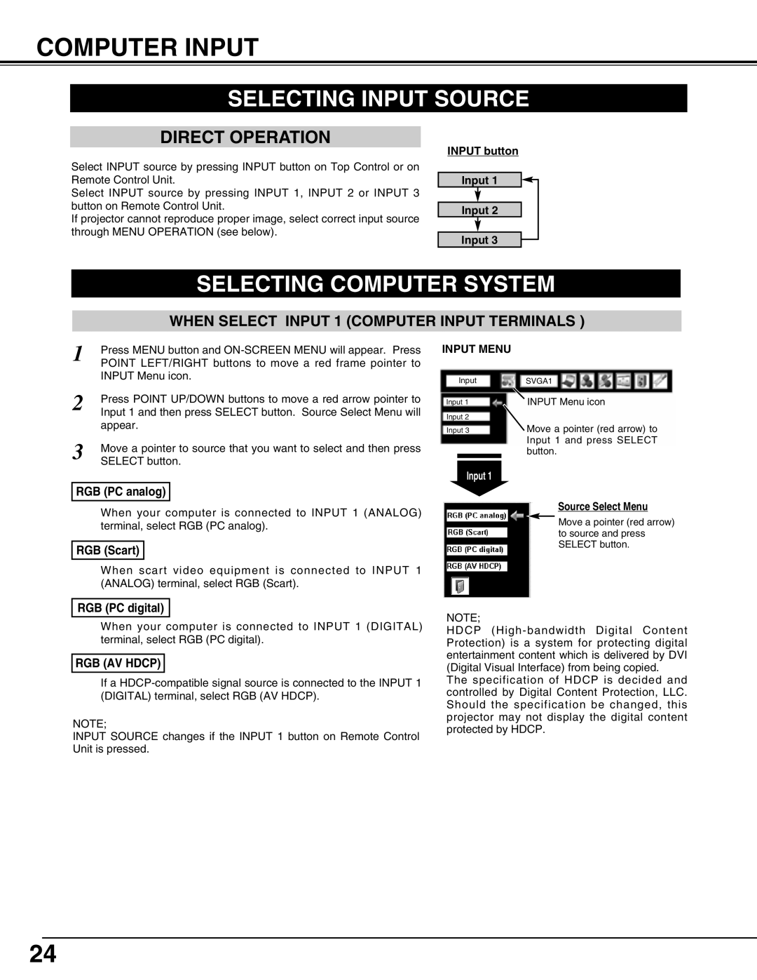 Sanyo PLV75L/PLV-80L, PLV-75/PLV-80 Computer Input, Selecting Input Source, Selecting Computer System, Input Menu 