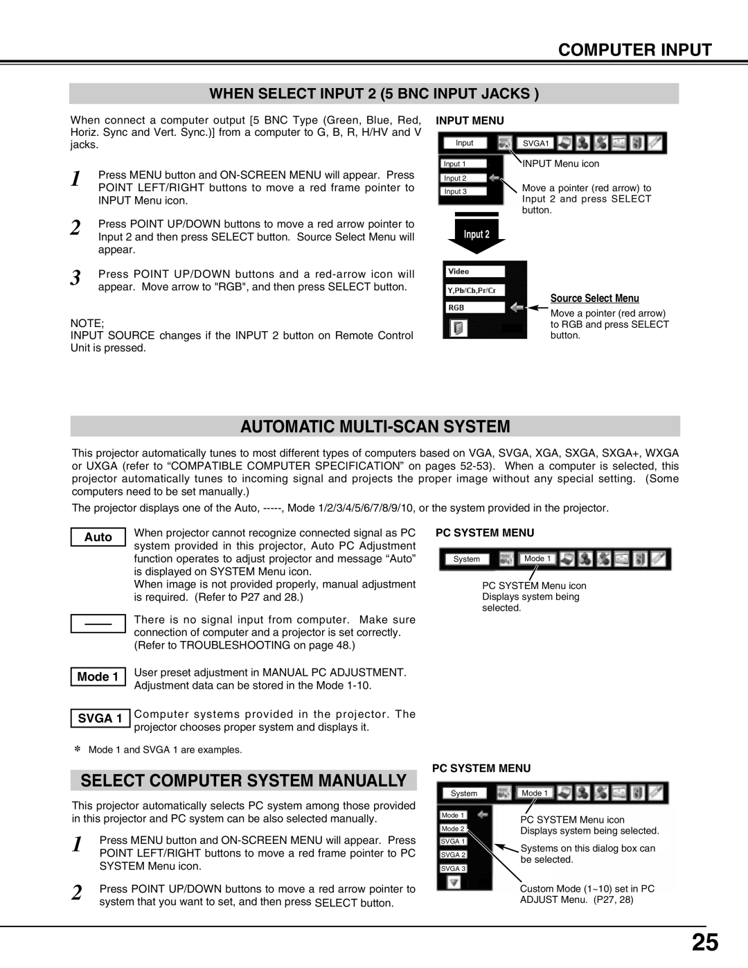 Sanyo PLV-75/PLV-80, PLV75L/PLV-80L owner manual Automatic MULTI-SCAN System, PC System Menu 