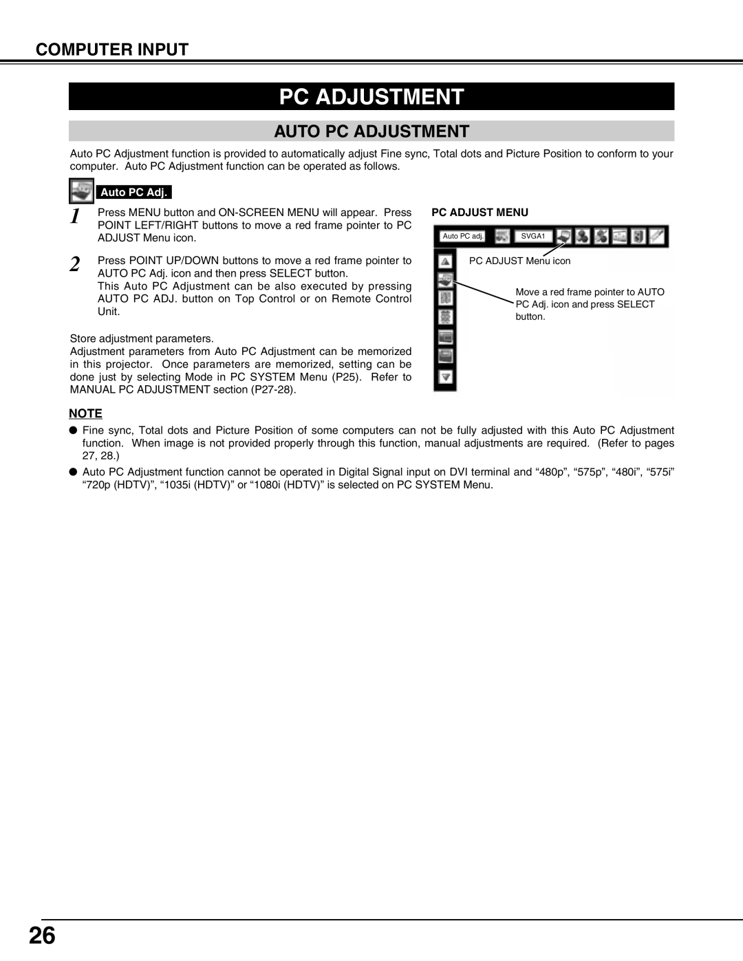 Sanyo PLV75L/PLV-80L, PLV-75/PLV-80 owner manual Auto PC Adjustment, PC Adjust Menu 