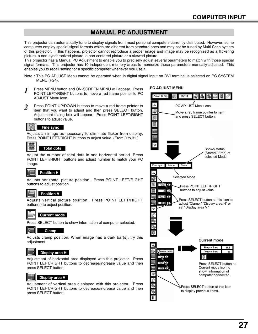 Sanyo PLV-75/PLV-80, PLV75L/PLV-80L owner manual Computer Input Manual PC Adjustment 