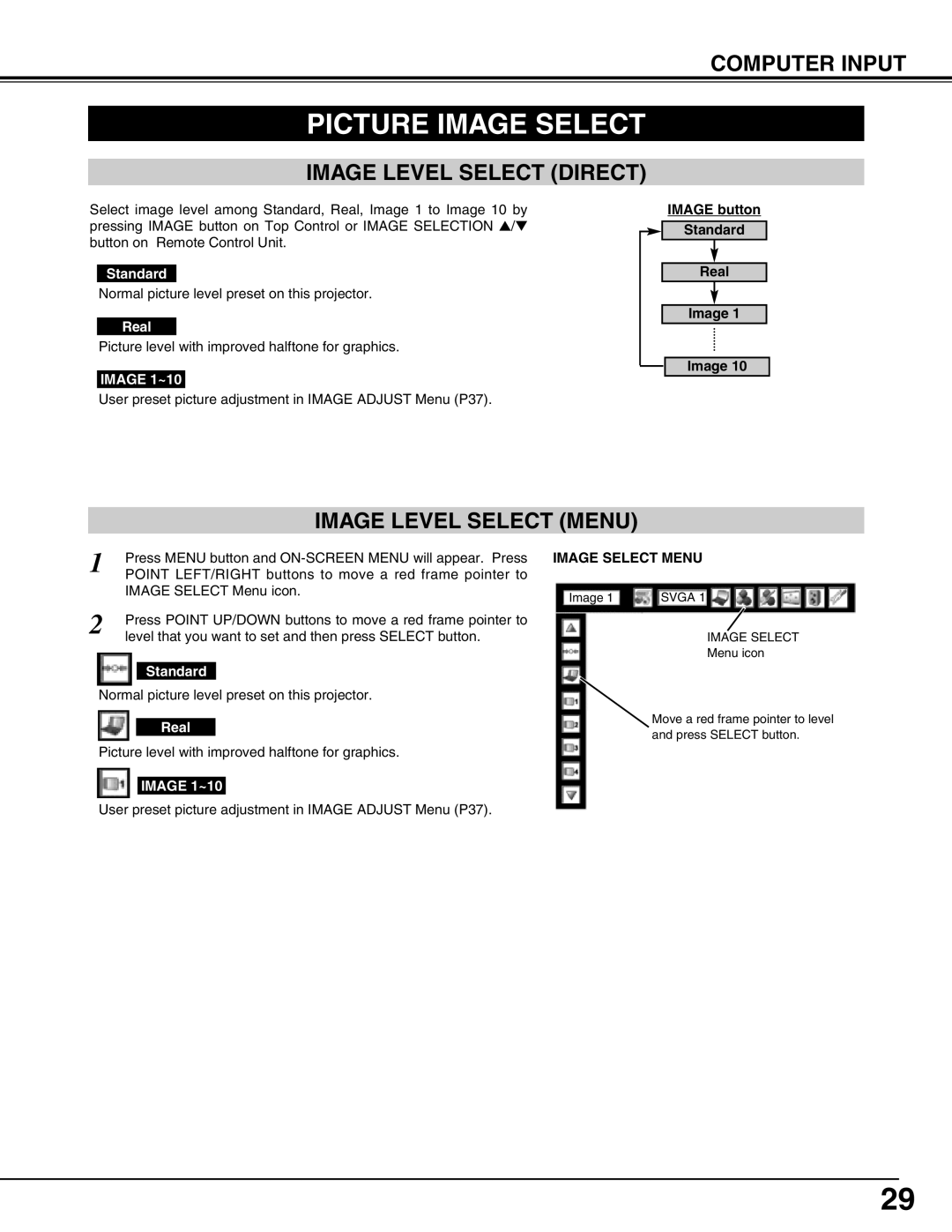 Sanyo PLV-75/PLV-80 Picture Image Select, Image Level Select Direct, Image Level Select Menu, Image Select Menu 