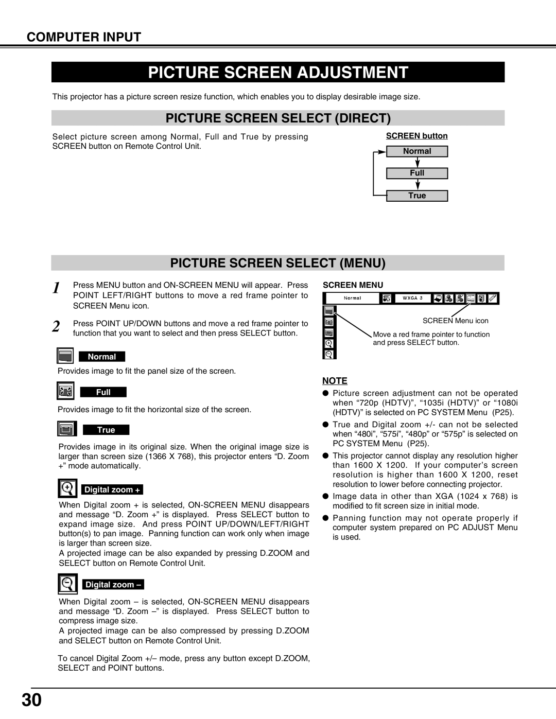 Sanyo PLV75L/PLV-80L Picture Screen Adjustment, Picture Screen Select Direct, Picture Screen Select Menu, Screen Menu 