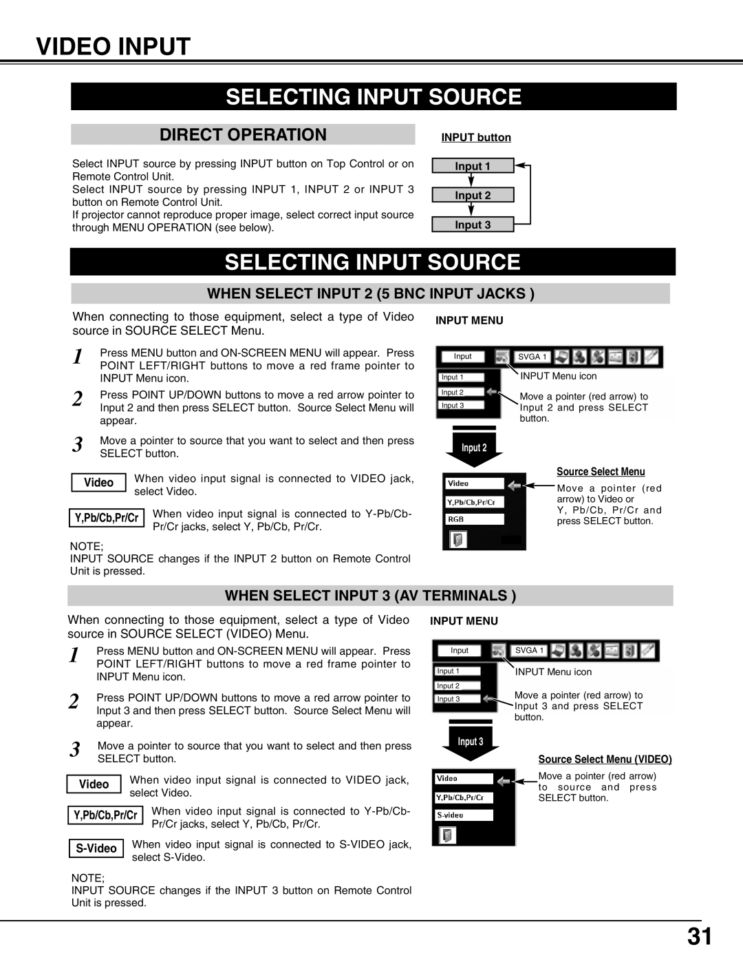 Sanyo PLV-75/PLV-80, PLV75L/PLV-80L owner manual Video Input, When Select Input 3 AV Terminals 