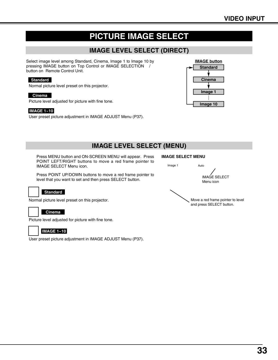 Sanyo PLV-75/PLV-80, PLV75L/PLV-80L owner manual Picture Image Select, Cinema 