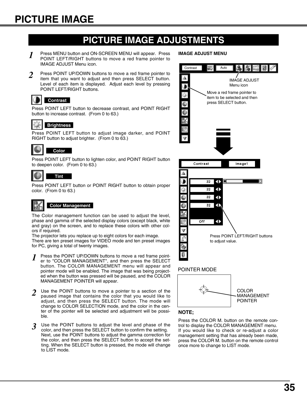 Sanyo PLV-75/PLV-80, PLV75L/PLV-80L owner manual Picture Image Adjustments, Image Adjust Menu 