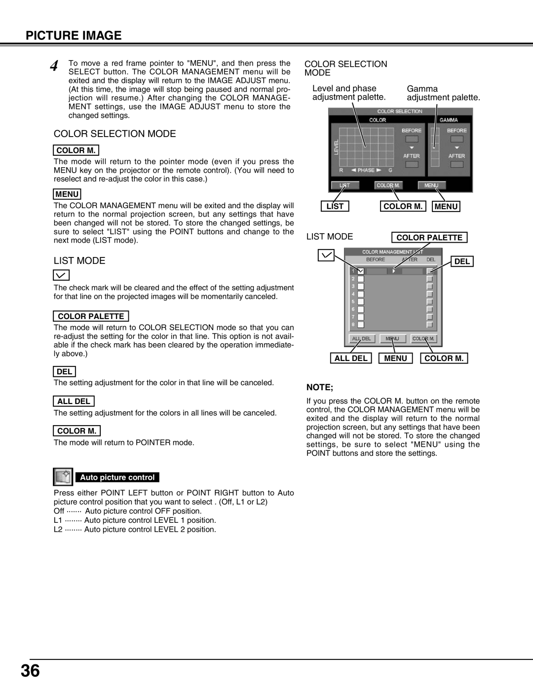 Sanyo PLV75L/PLV-80L Color Palette List, Color M. Menu Color Palette DEL, All Del, ALL DEL Menu Color M 