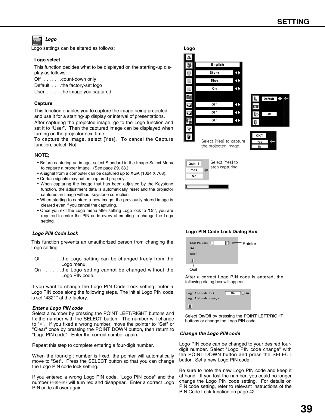 Sanyo PLV-75/PLV-80, PLV75L/PLV-80L owner manual Logo PIN Code Lock, Enter a Logo PIN code, Change the Logo PIN code 