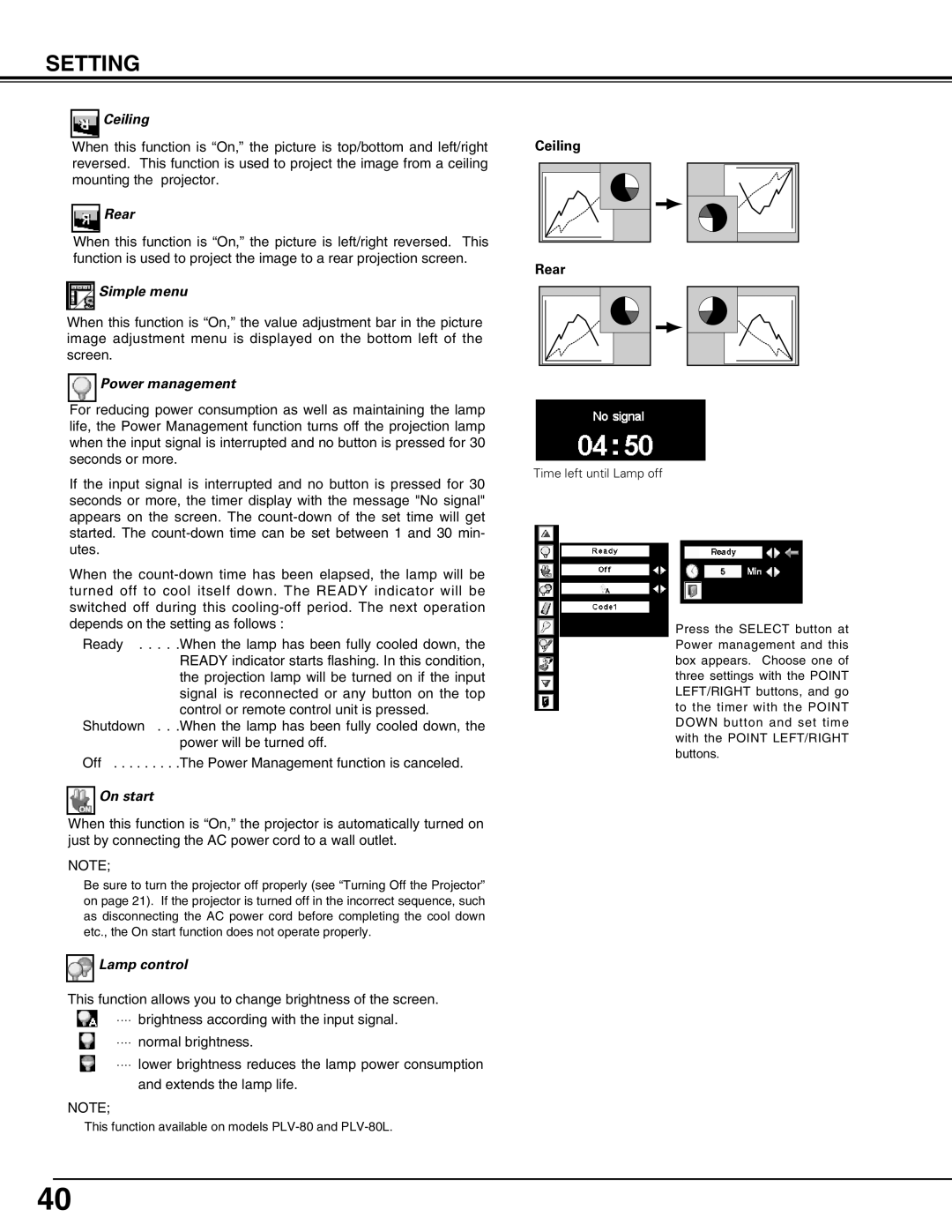 Sanyo PLV75L/PLV-80L, PLV-75/PLV-80 owner manual Ceiling, Rear, Simple menu, Power management, On start, Lamp control 