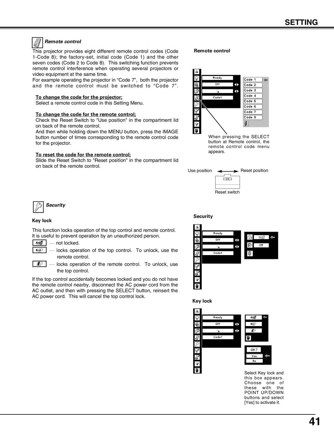 Sanyo PLV-75/PLV-80, PLV75L/PLV-80L owner manual Remote control, Security 