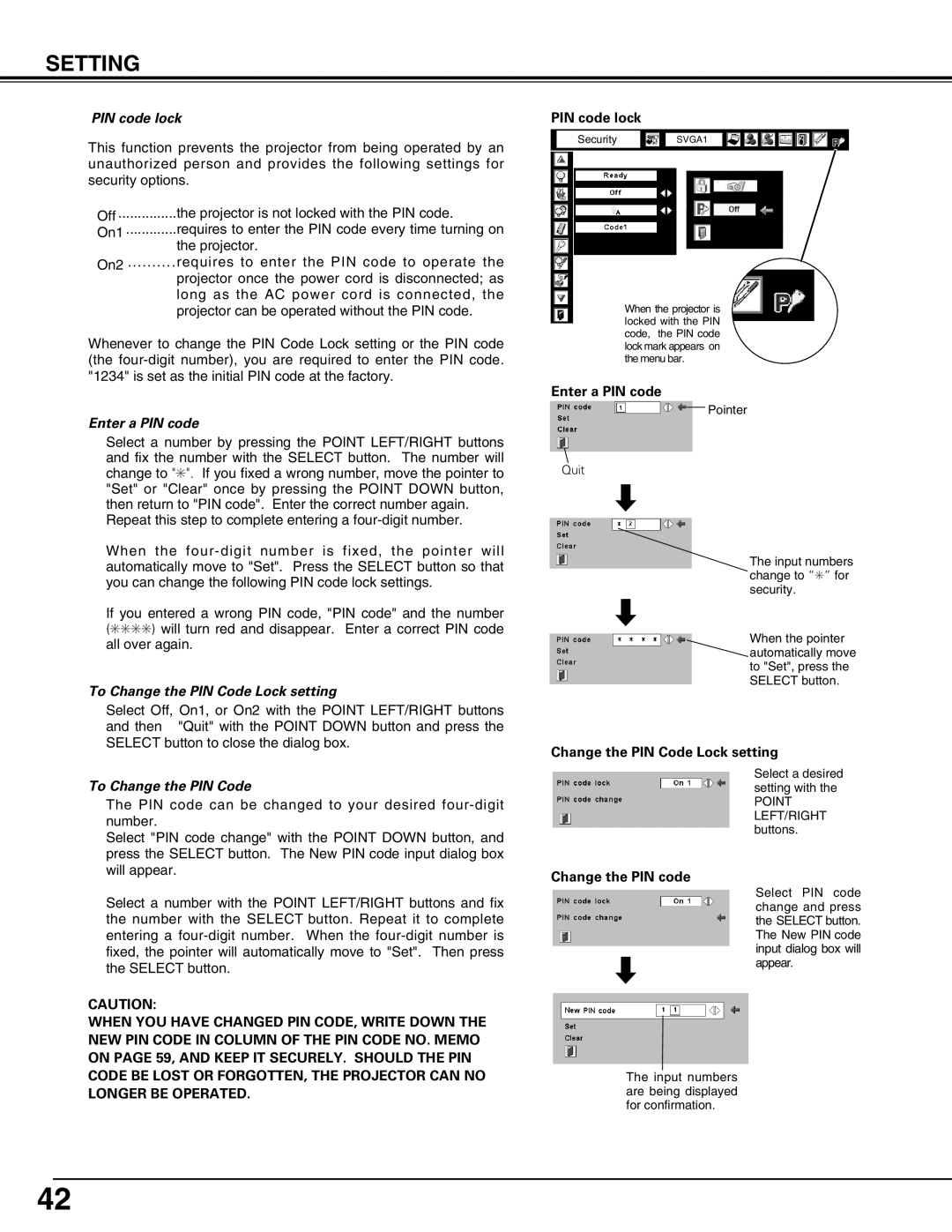 Sanyo PLV75L/PLV-80L, PLV-75/PLV-80 owner manual PIN code lock, To Change the PIN Code Lock setting 