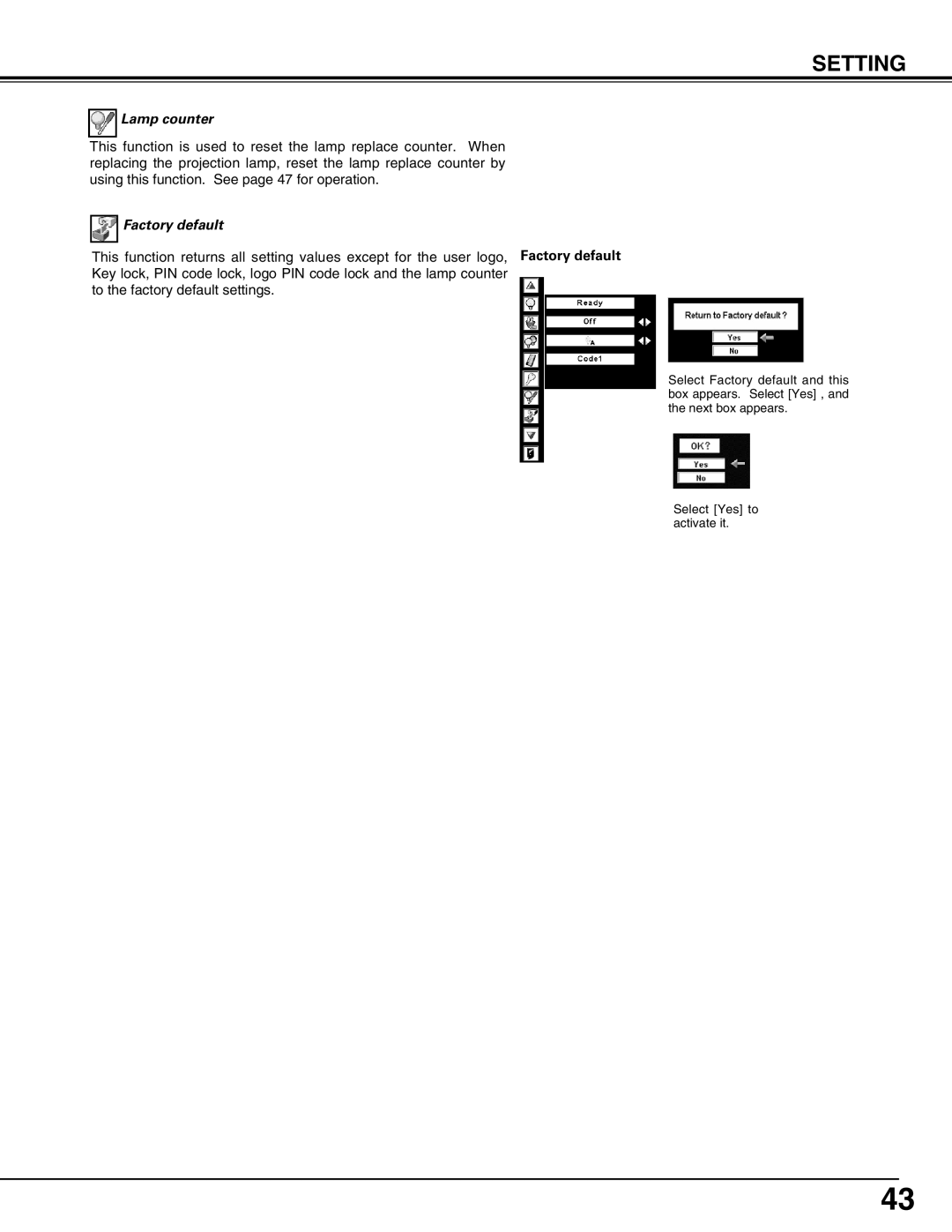 Sanyo PLV-75/PLV-80, PLV75L/PLV-80L owner manual Lamp counter, Factory default 