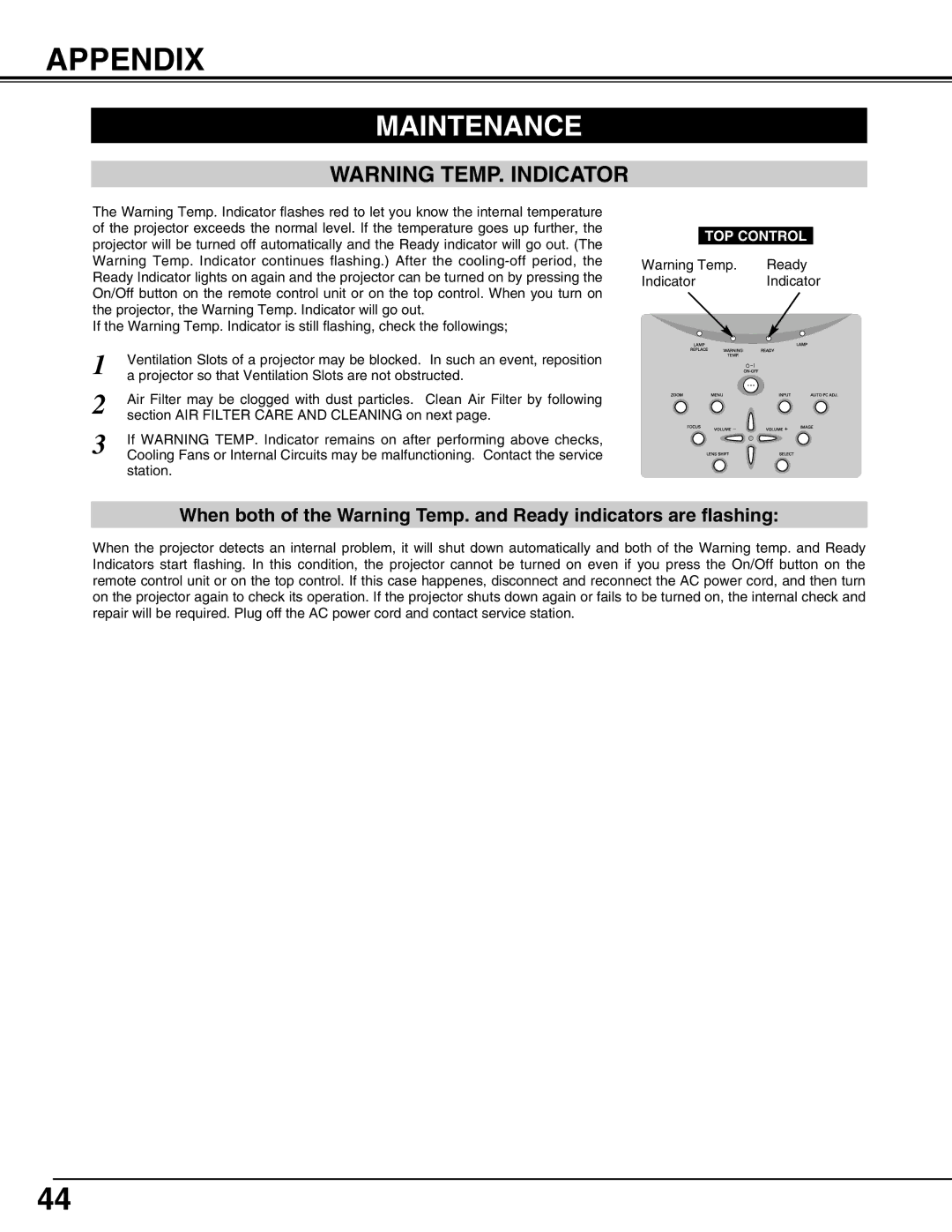 Sanyo PLV75L/PLV-80L, PLV-75/PLV-80 owner manual Appendix, Maintenance 