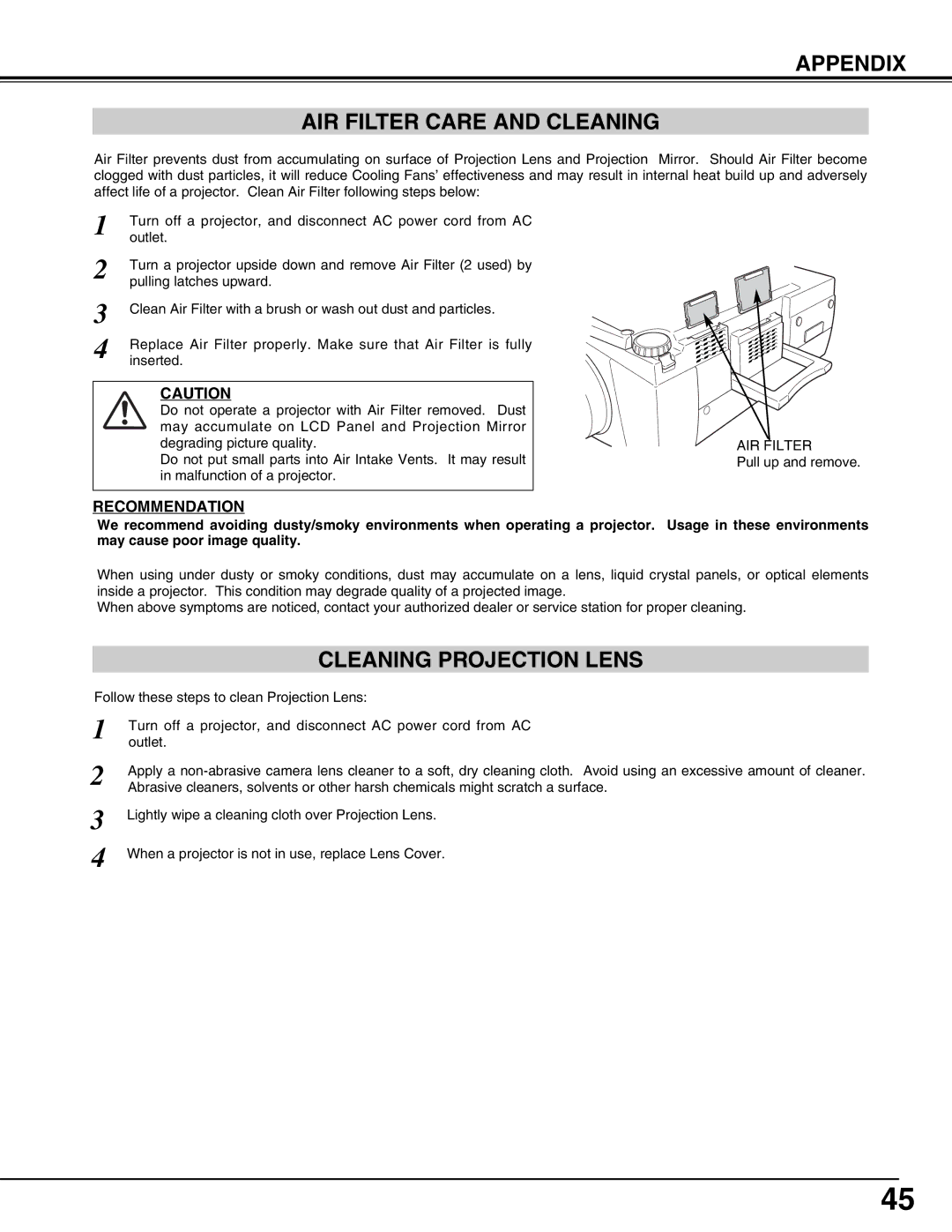 Sanyo PLV-75/PLV-80, PLV75L/PLV-80L owner manual Appendix AIR Filter Care and Cleaning, Cleaning Projection Lens 