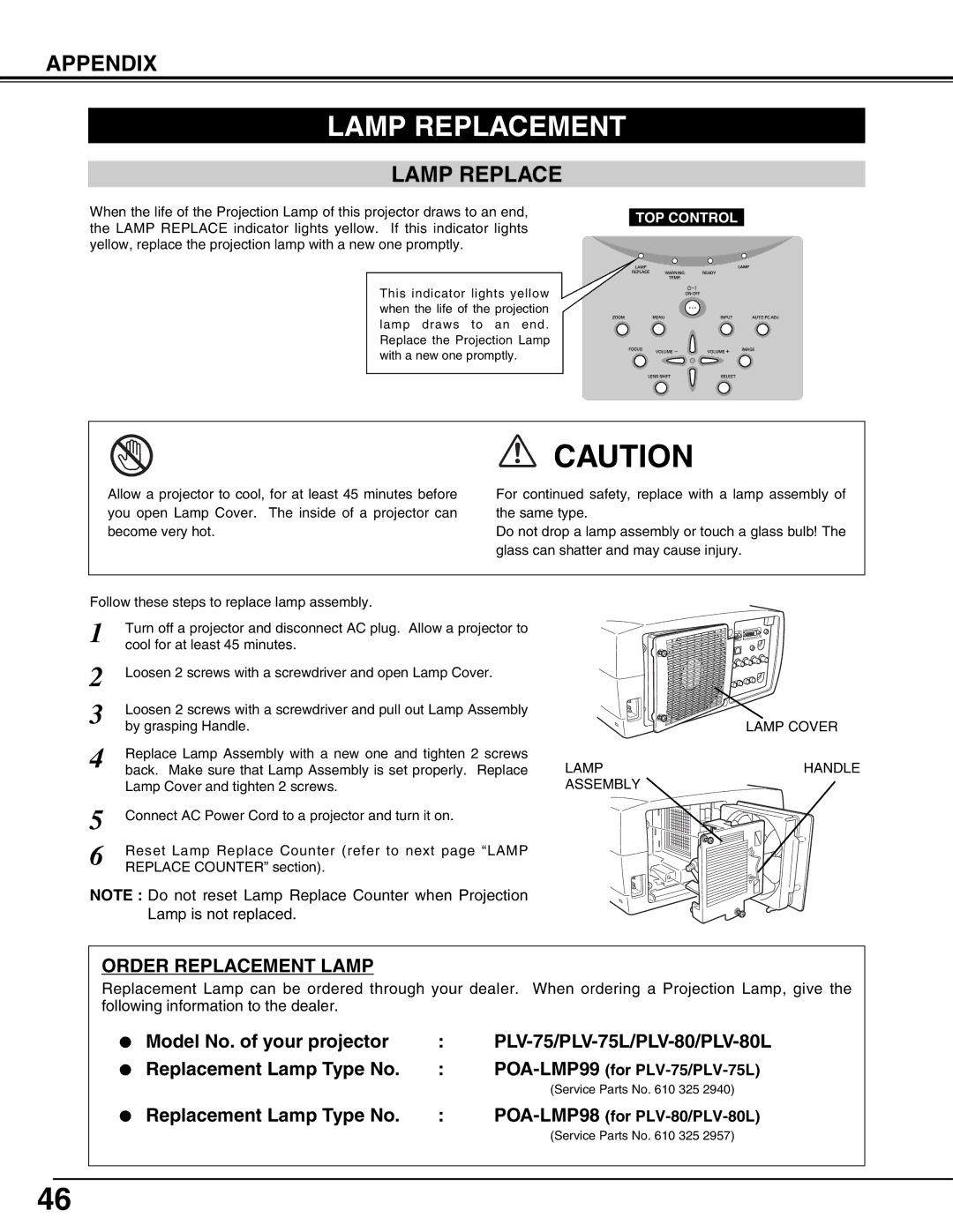 Sanyo PLV75L/PLV-80L, PLV-75/PLV-80 owner manual Lamp Replacement, Appendix 