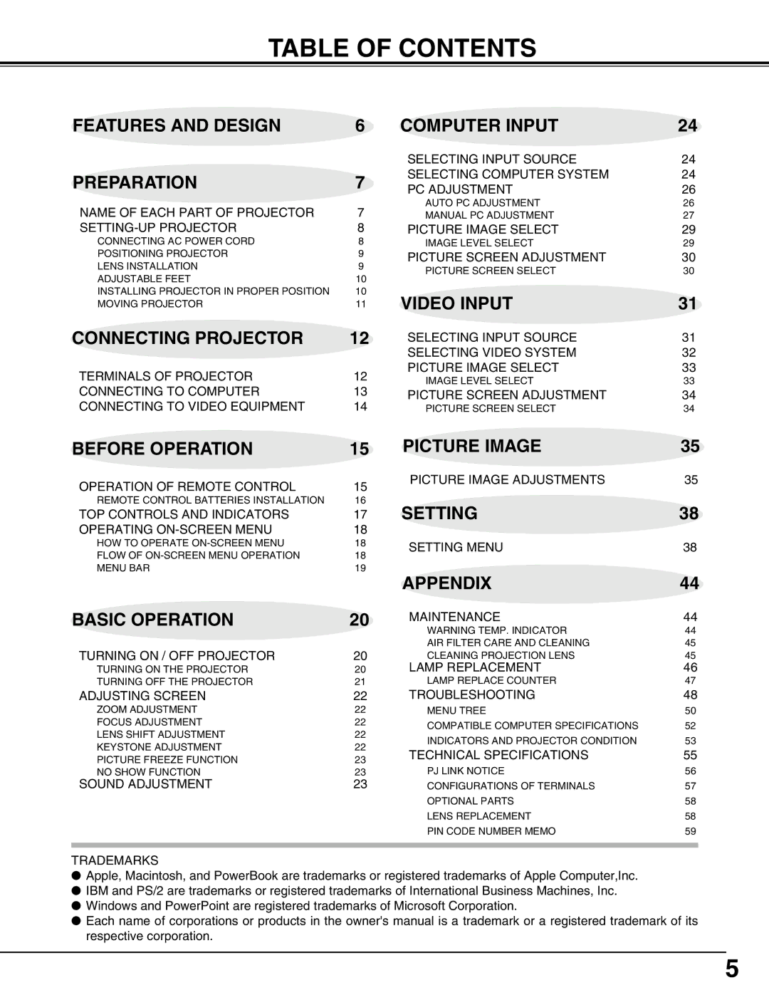 Sanyo PLV-75/PLV-80, PLV75L/PLV-80L owner manual Table of Contents 