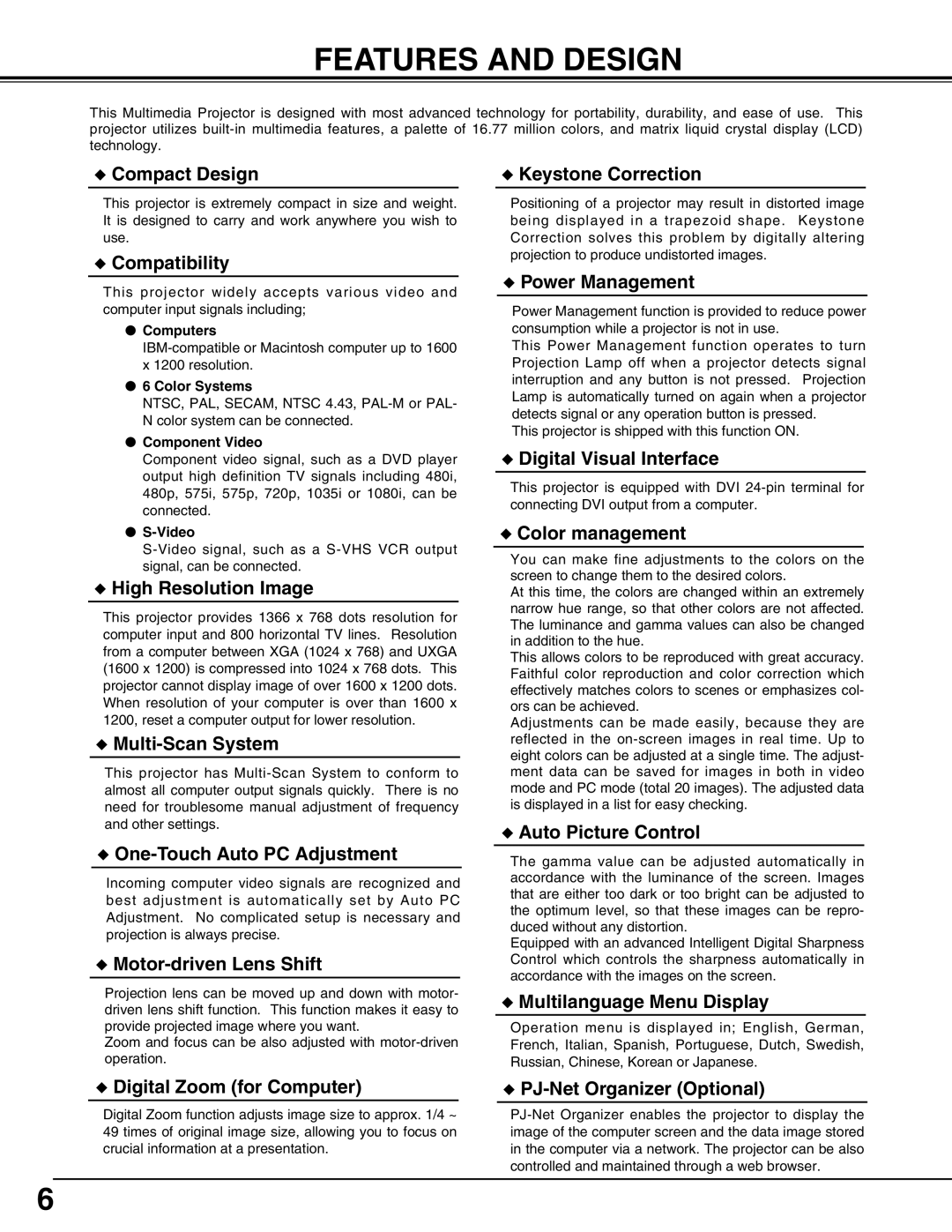 Sanyo PLV75L/PLV-80L, PLV-75/PLV-80 owner manual Features and Design, Compact Design 