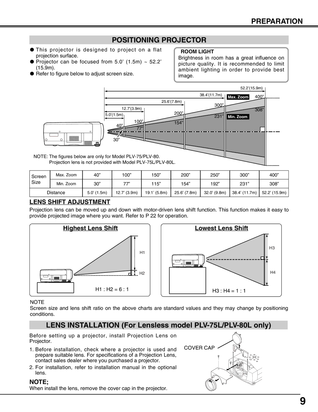 Sanyo PLV-75/PLV-80, PLV75L/PLV-80L owner manual Preparation Positioning Projector, Room Light 