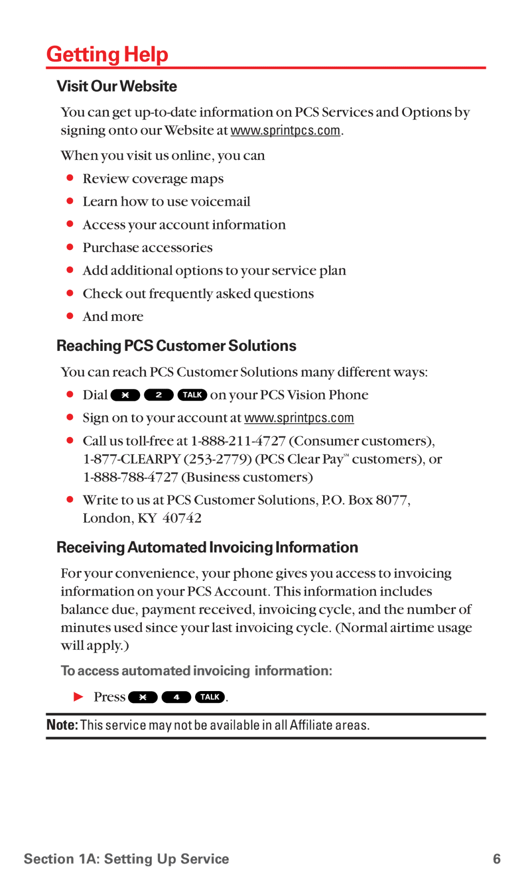 Sanyo PM-8200 Getting Help, Visit Our Website, Reaching PCS Customer Solutions, Receiving Automated Invoicing Information 