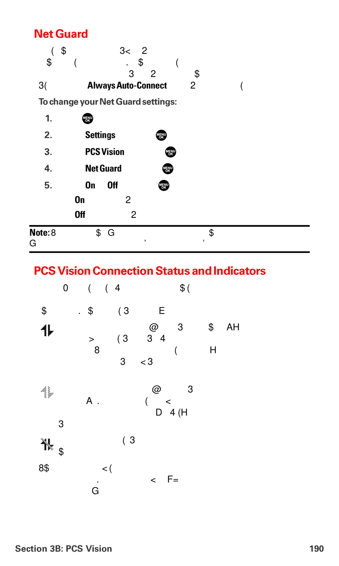 Sanyo PM-8200 manual PCS Vision Connection Status and Indicators, To change your Net Guardsettings, PCS Vision 190 