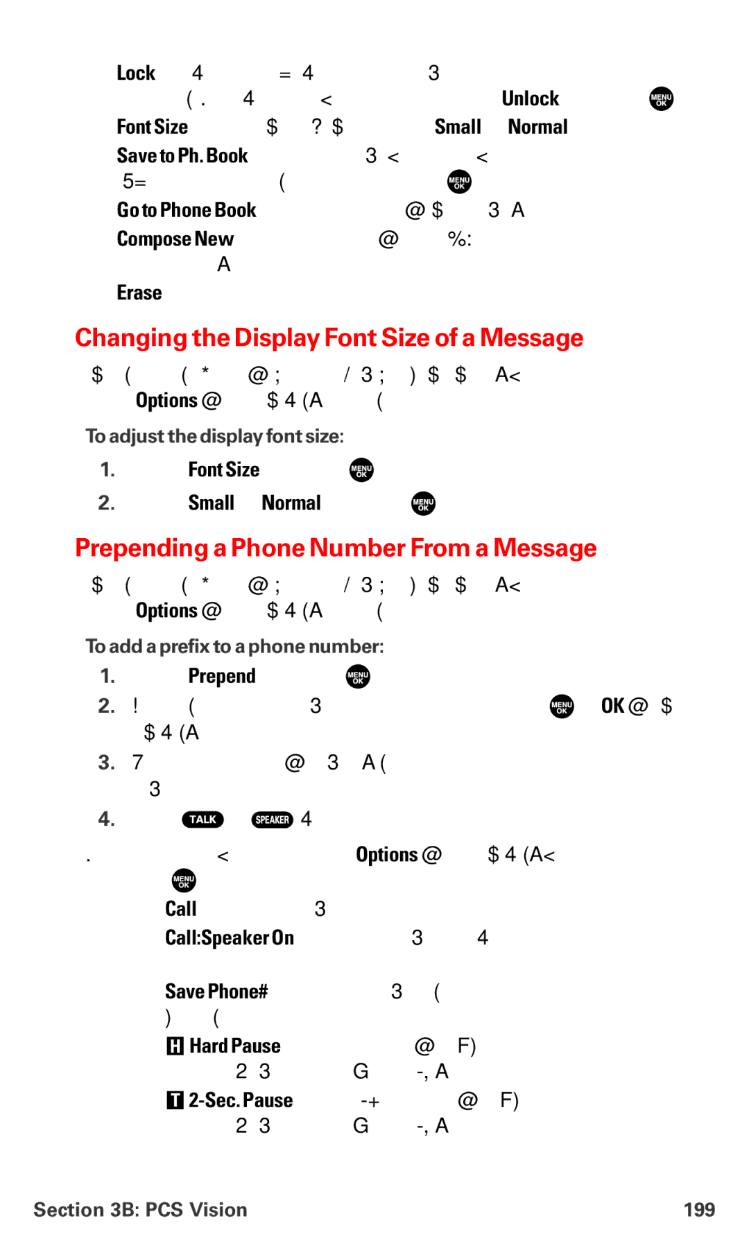 Sanyo PM-8200 manual Changing the Display Font Size of a Message, Prepending a Phone Number From a Message, PCS Vision 199 