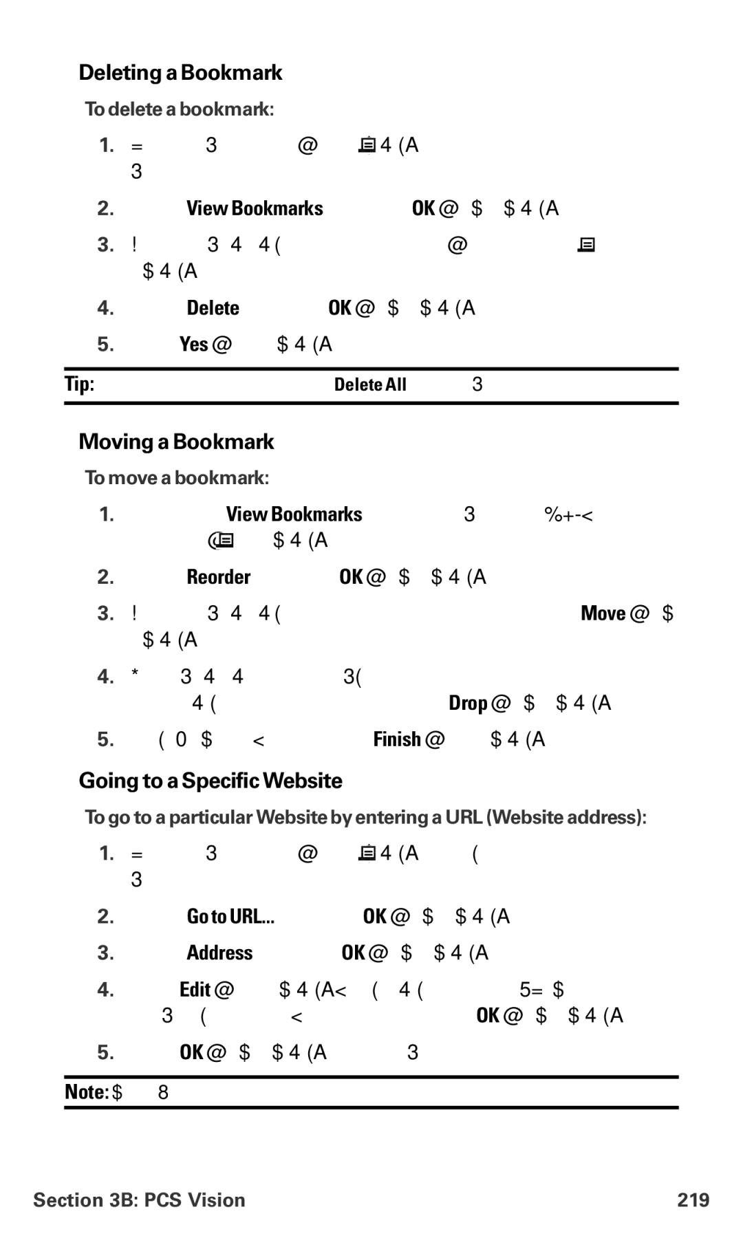 Sanyo PM-8200 manual Deleting a Bookmark, Moving a Bookmark, Going to a Specific Website 