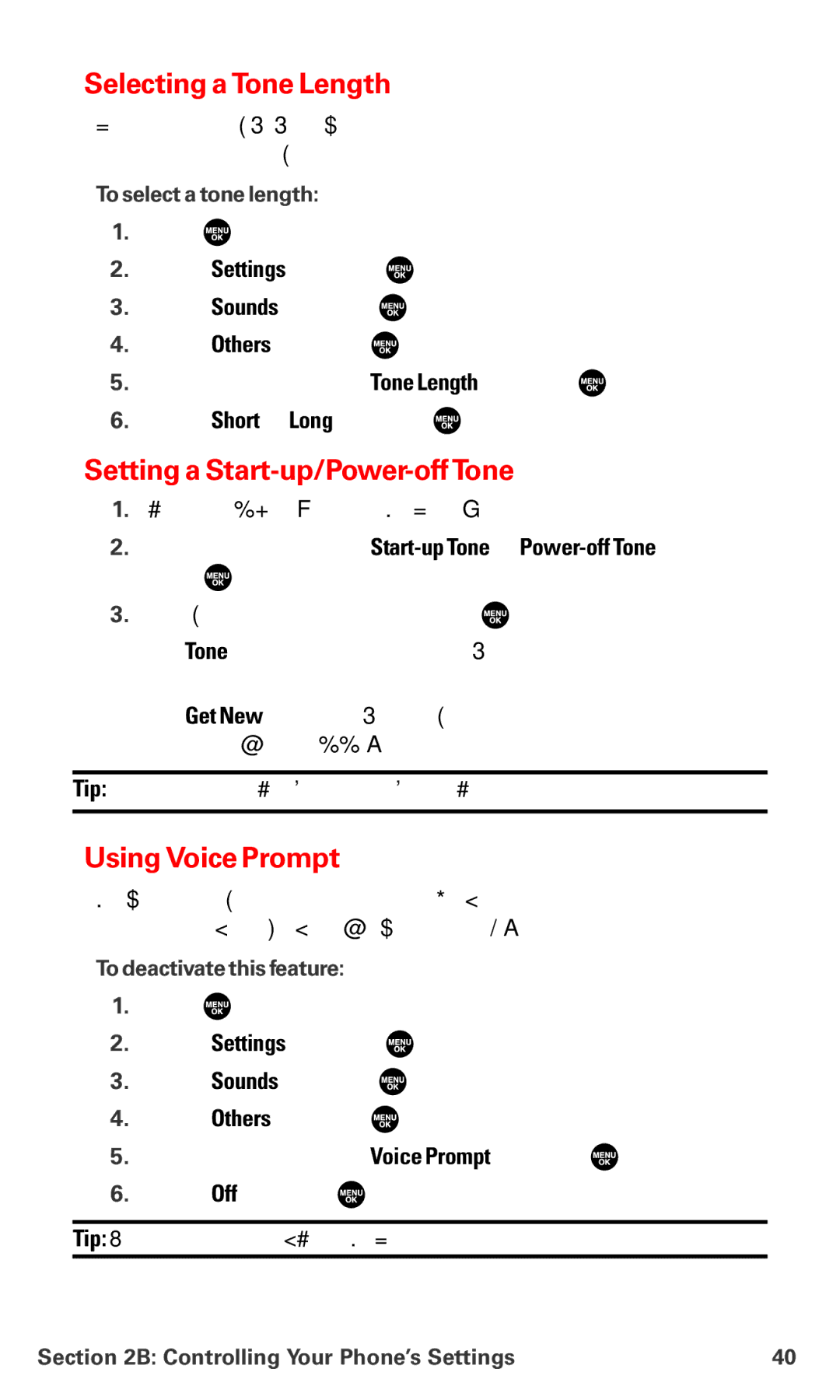 Sanyo PM-8200 Selecting a Tone Length, Setting a Start-up/Power-off Tone, Using Voice Prompt, To select a tone length 