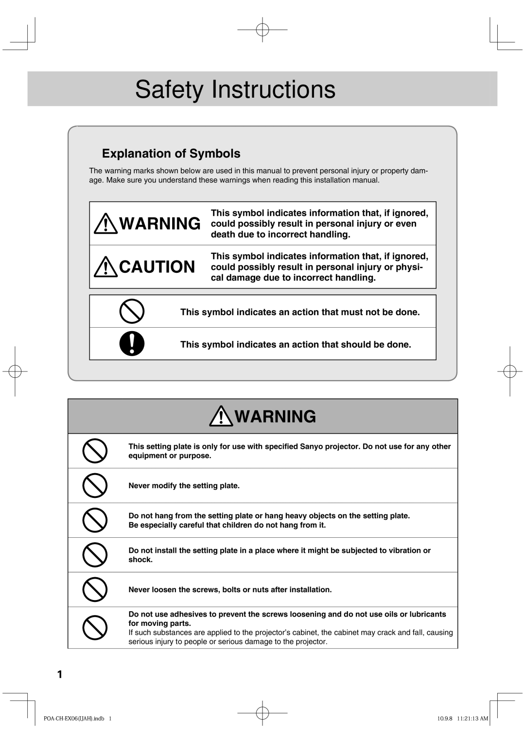 Sanyo POA-CH-EX06 installation manual Safety Instructions, Explanation of Symbols 