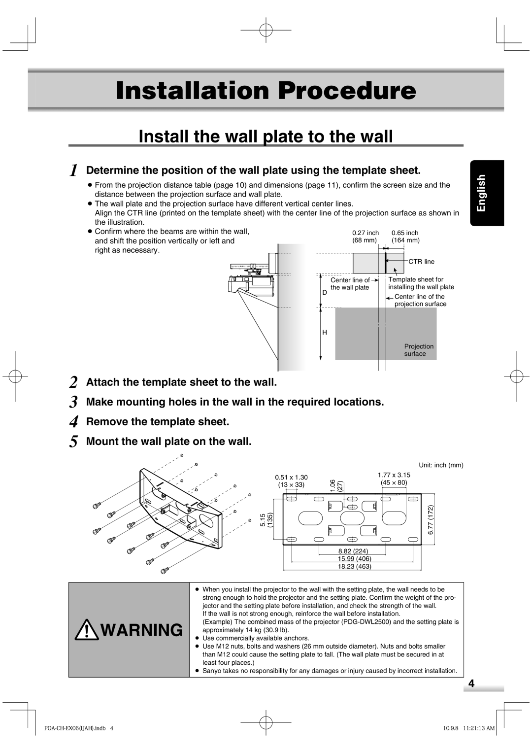 Sanyo POA-CH-EX06 installation manual Illustration ¡Conﬁ rm where the beams are within the wall 