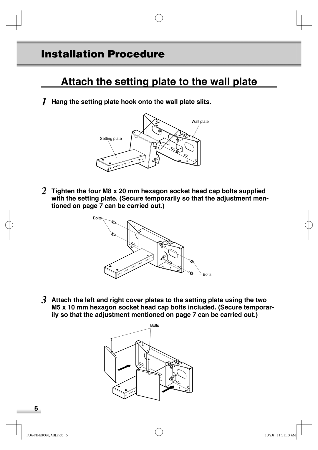 Sanyo POA-CH-EX06 installation manual Attach the setting plate to the wall plate 