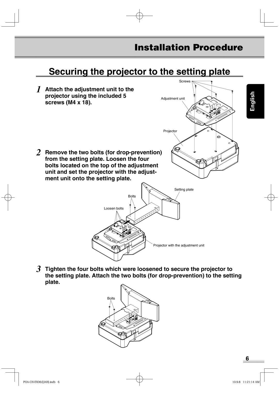 Sanyo POA-CH-EX06 installation manual Securing the projector to the setting plate 