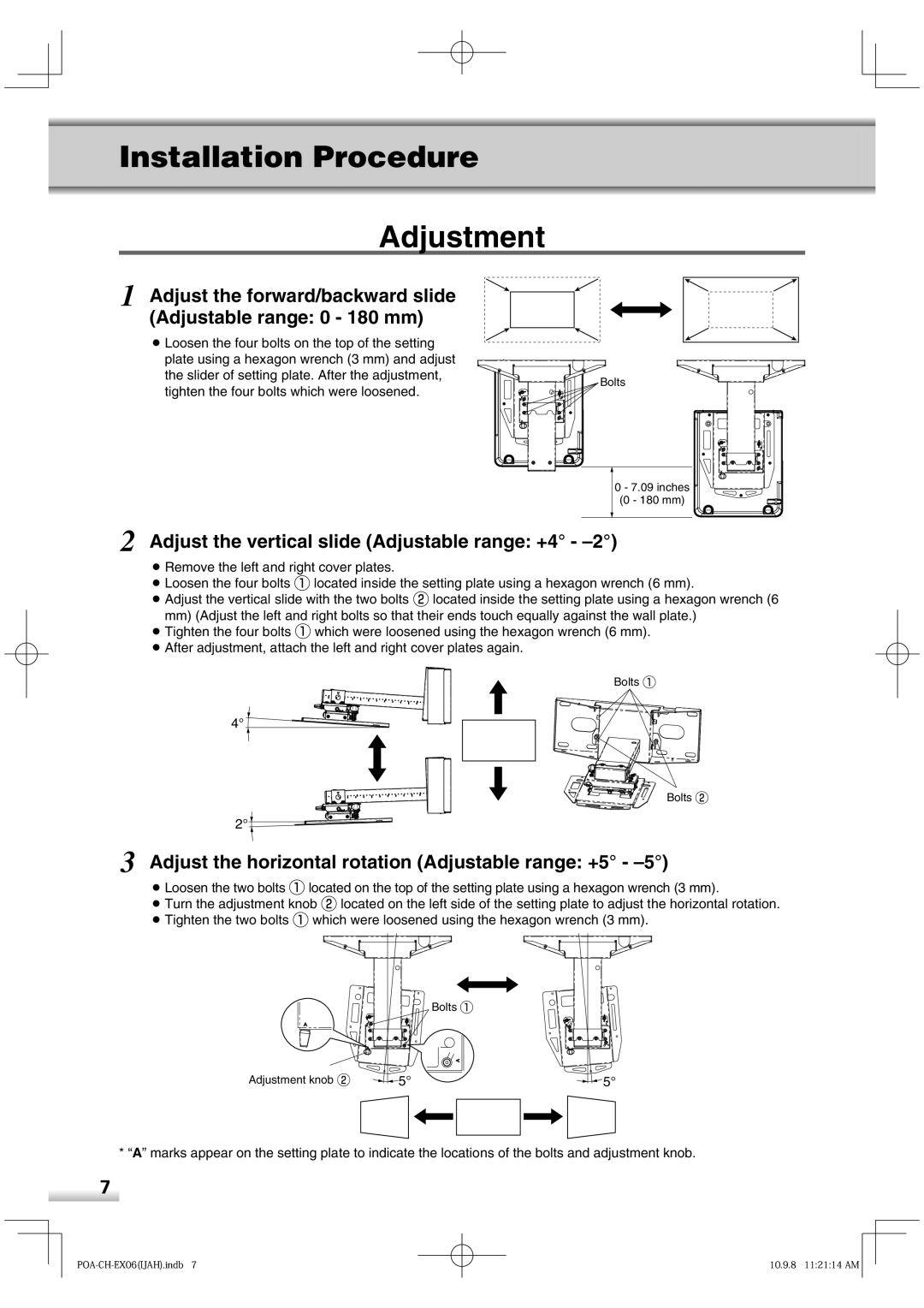 Sanyo POA-CH-EX06 installation manual Adjustment, Adjust the forward/backward slide Adjustable range 0 180 mm 