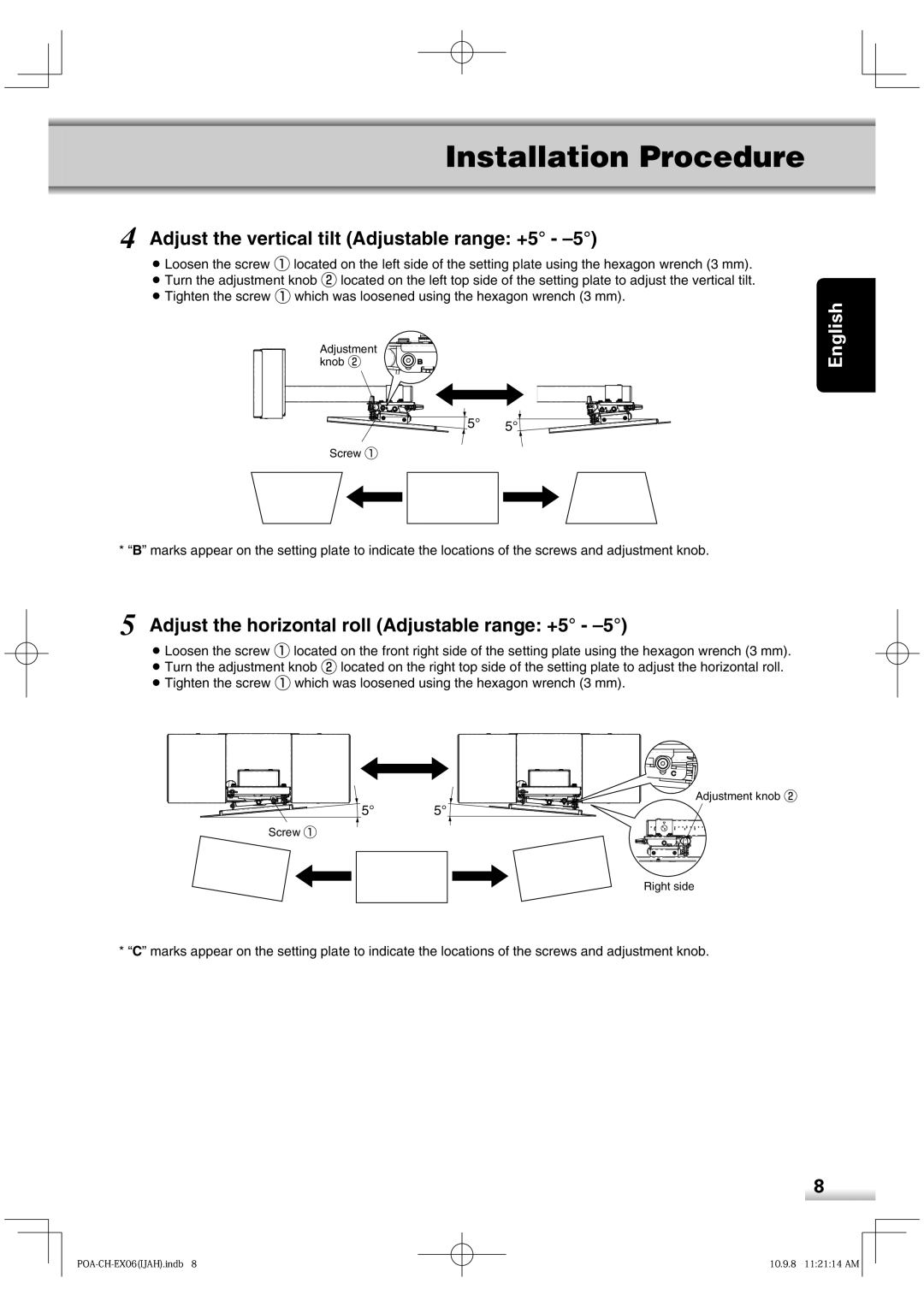 Sanyo POA-CH-EX06 installation manual Adjust the vertical tilt Adjustable range +5 